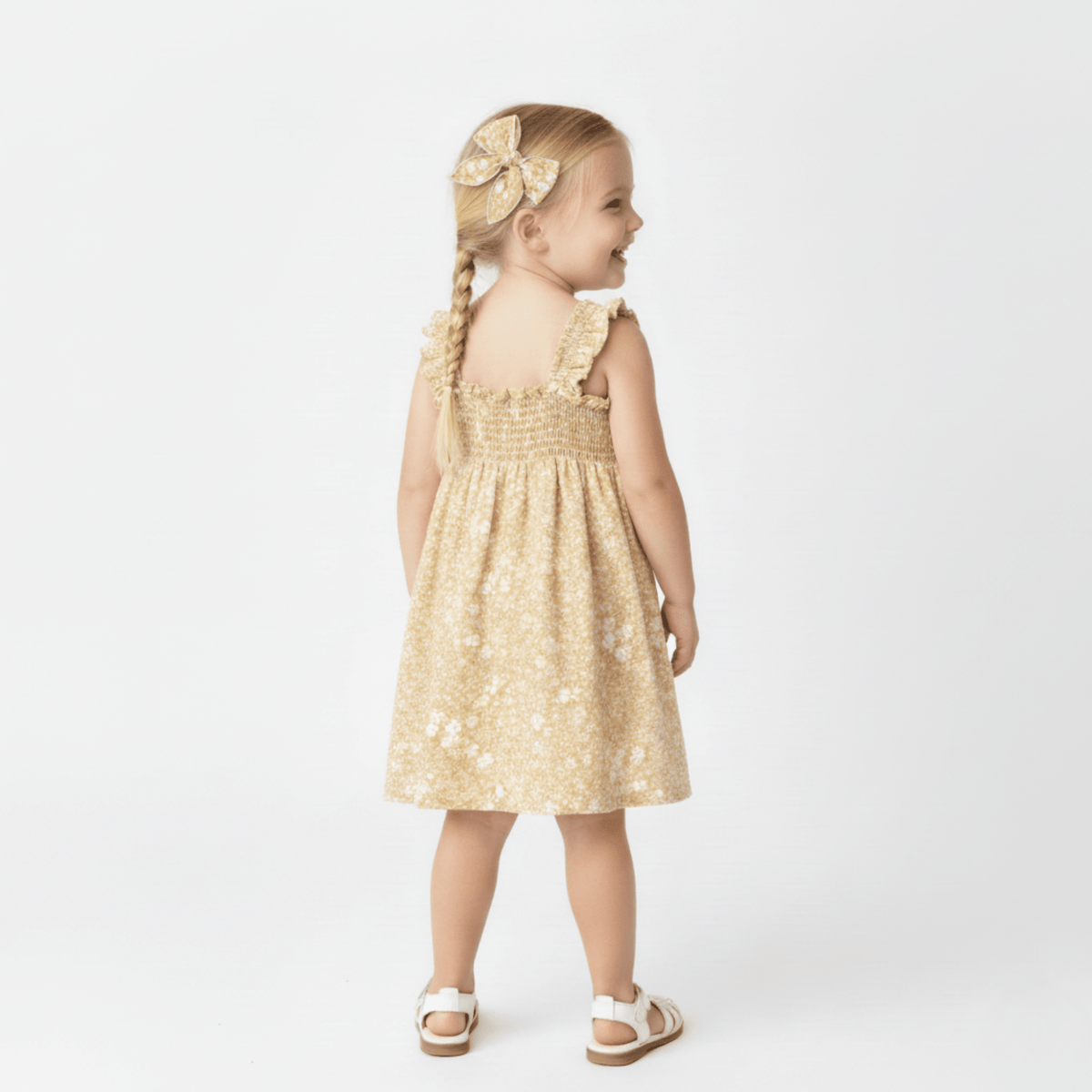 Makemake Organics Makemake Organics Baby Girl Sundress Breathable Linen Cotton Smocked Bodice Yellow Blossom Print