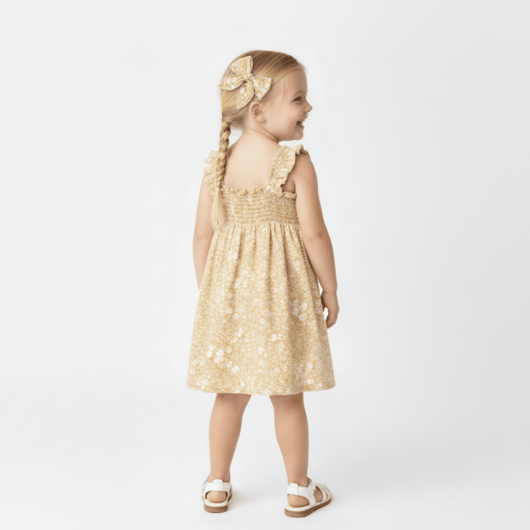 Makemake Organics Makemake Organics Baby Girl Sundress Breathable Linen Cotton Smocked Bodice Yellow Blossom Print