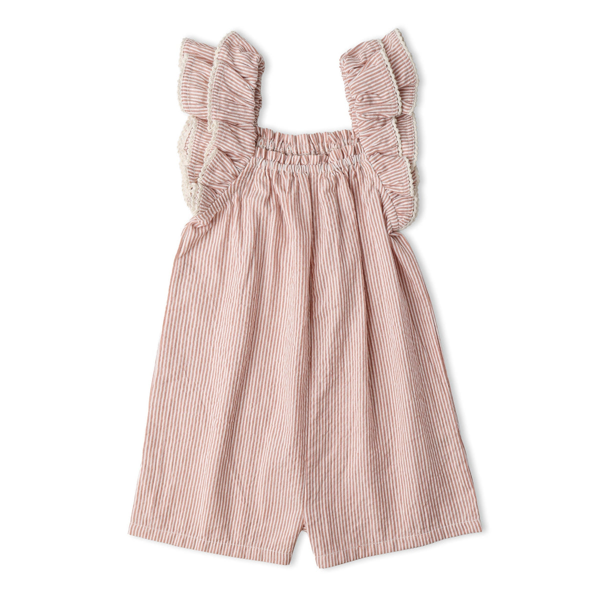 Makemake Organics Makemake Organics Baby Jumpsuit With Coral Stripes And Flutter Ruffles For Babies
