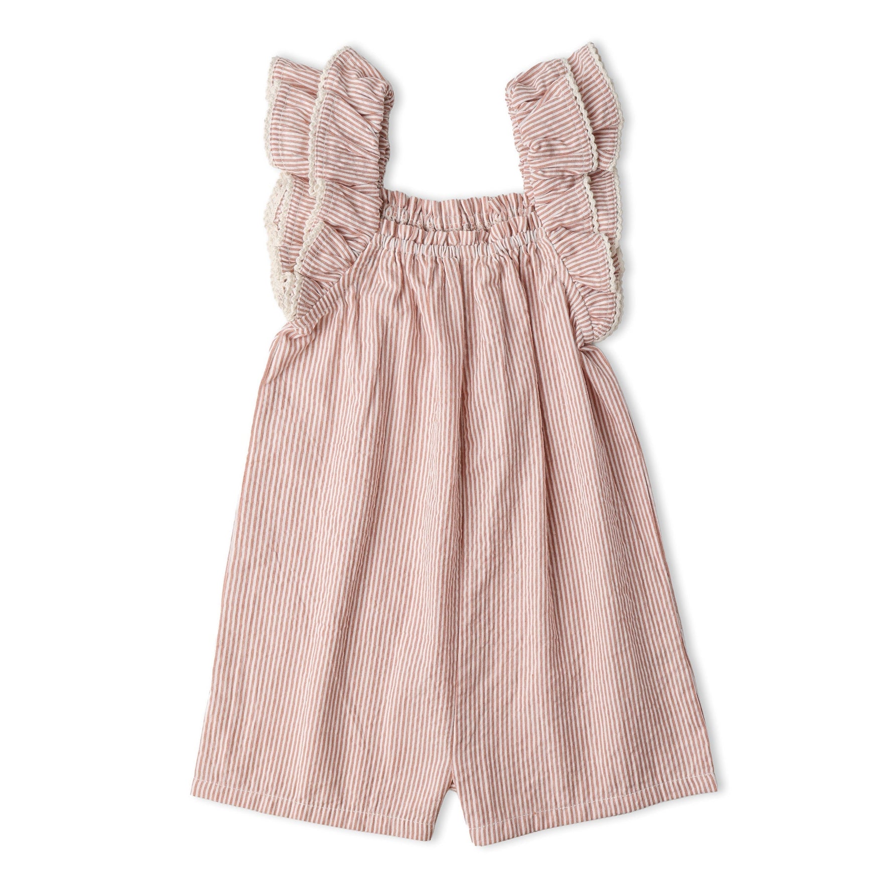 Makemake Organics Makemake Organics Baby Jumpsuit With Coral Stripes And Flutter Ruffles For Babies