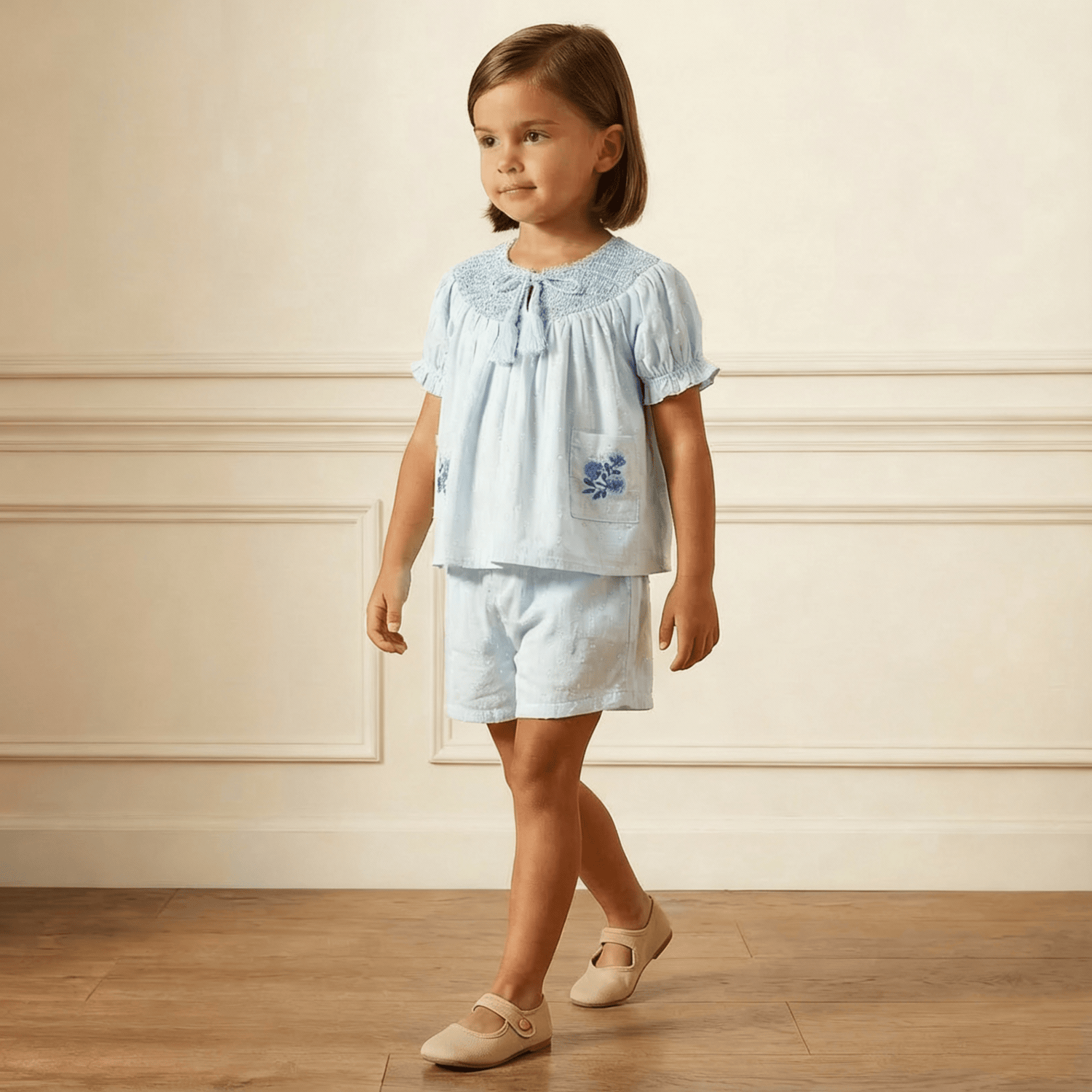 Organic Smocked Top & Shorts Set - Light Blue - Child, Nightwear, Waist, Baby & Toddler Clothing, Blond | Everetts Place