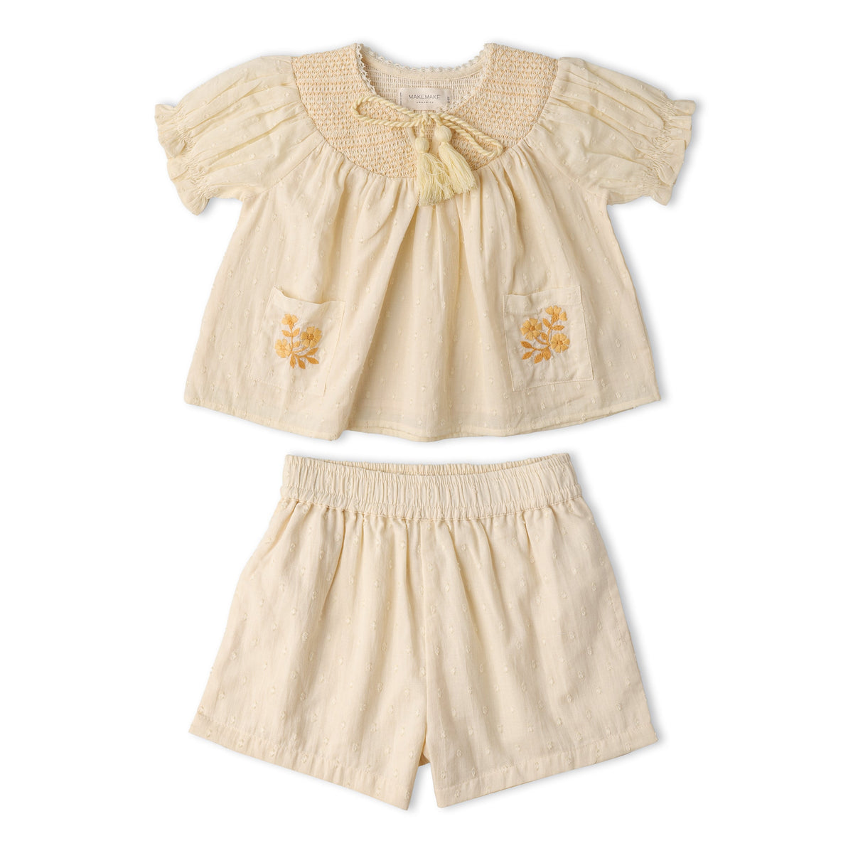 Makemake Organics Makemake Organics Baby Smocked Top And Shorts Set With Embroidered Pocket Soft Organic Cotton