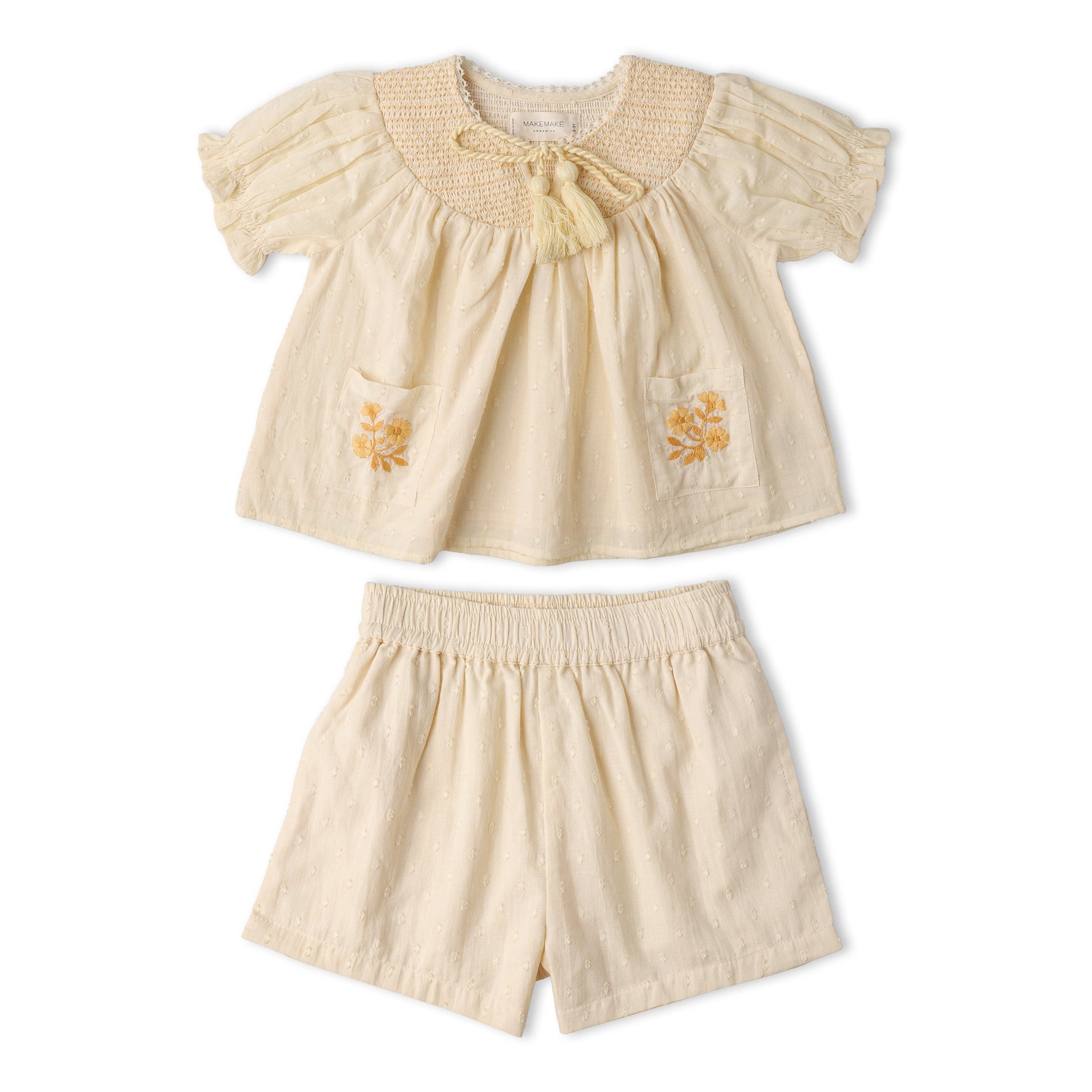 Makemake Organics Makemake Organics Baby Smocked Top And Shorts Set With Embroidered Pocket Soft Organic Cotton