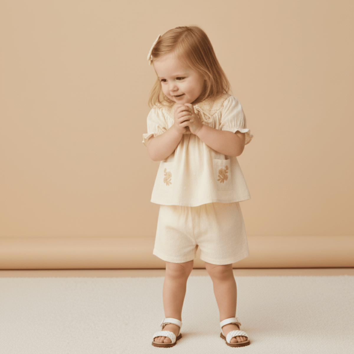 Makemake Organics Makemake Organics Baby Smocked Top And Shorts Set With Embroidered Pocket Soft Organic Cotton
