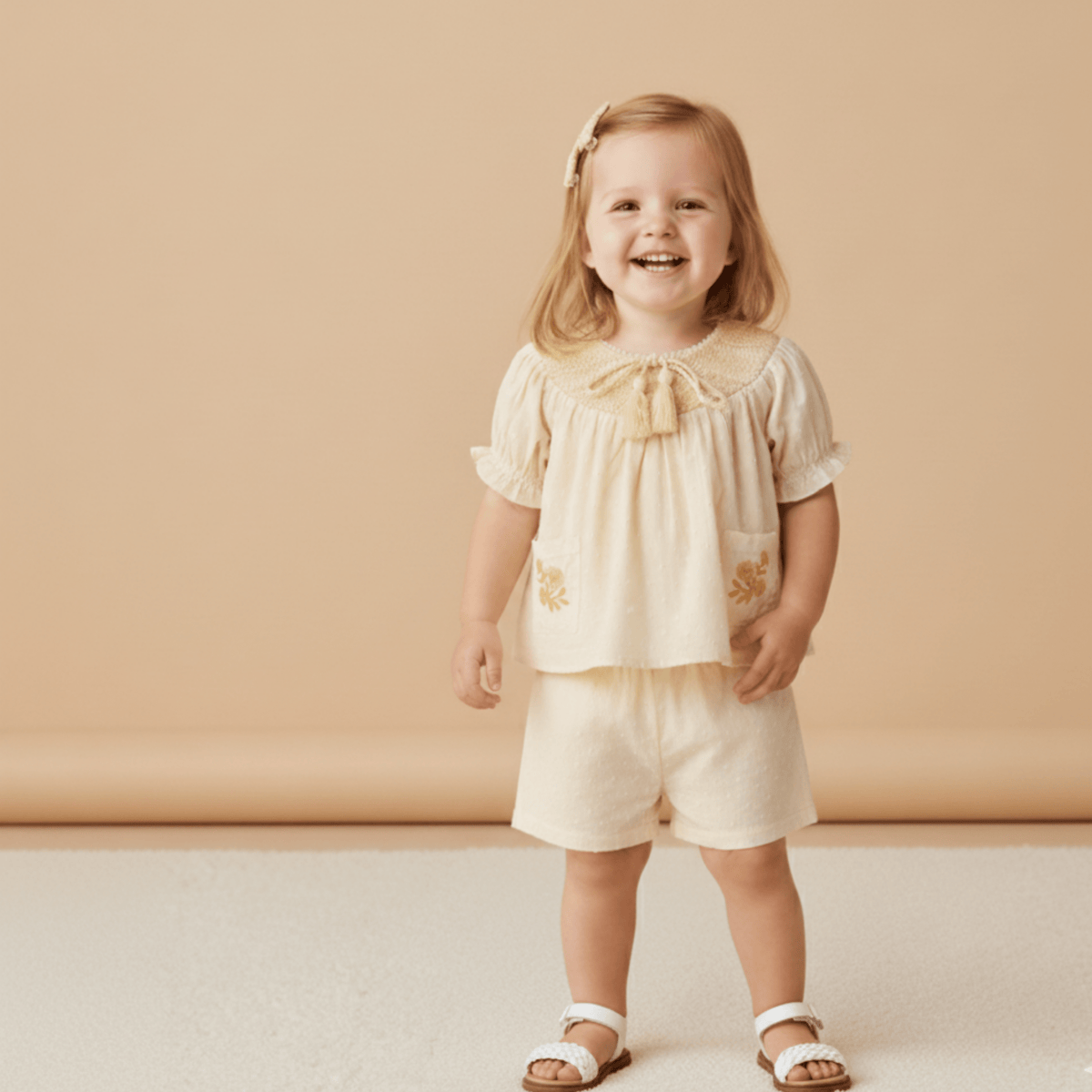 Makemake Organics Makemake Organics Baby Smocked Top And Shorts Set With Embroidered Pocket Soft Organic Cotton