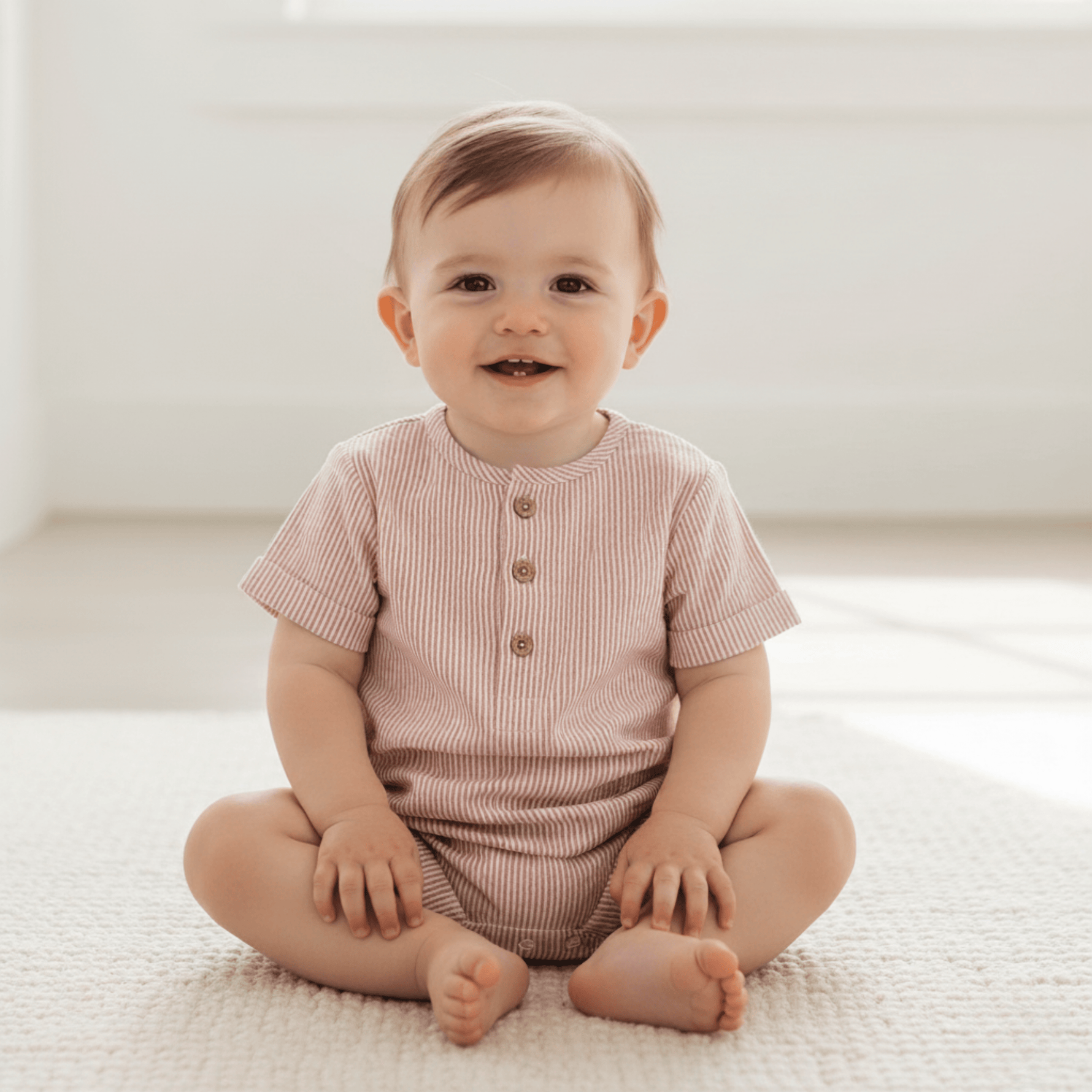 Organic Short Bubble Romper - Coral Stripes - Sleeve, Collar, Baby & Toddler Clothing, Button, Child | Everetts Place