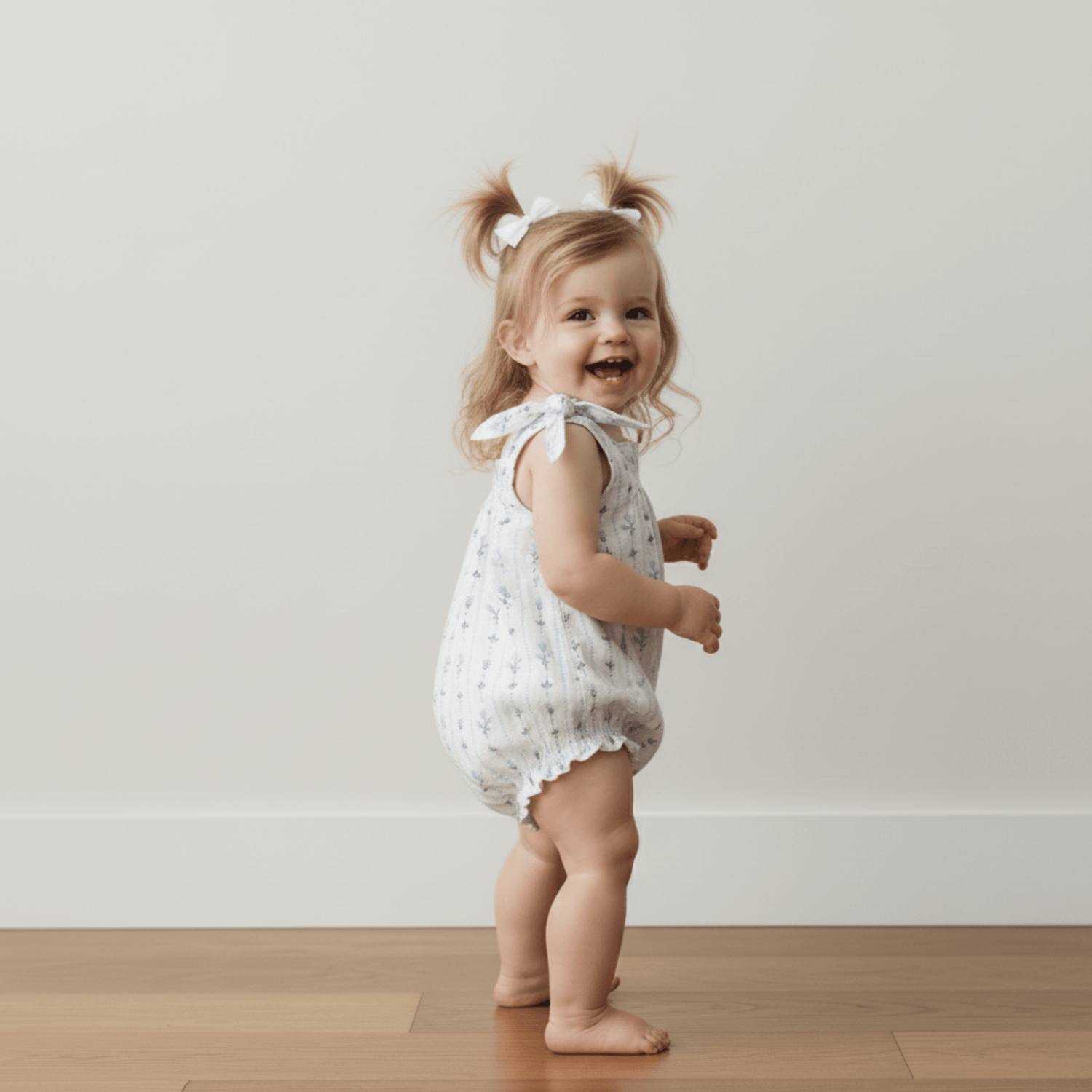Organic Tie Shoulder Bubble Romper - Blue Vines - Hair, Baby & Toddler Clothing, Hand, Dress, Child | Everetts Place
