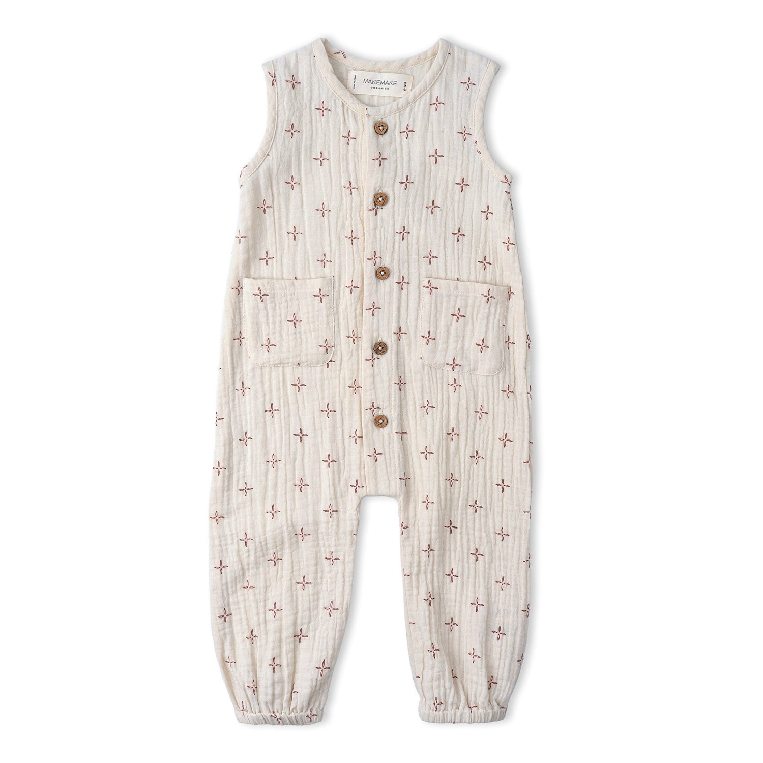 Makemake Organics Makemake Organics Buttoned Jumpsuit With Wooden Buttons In Organic Muslin Cotton For Babies