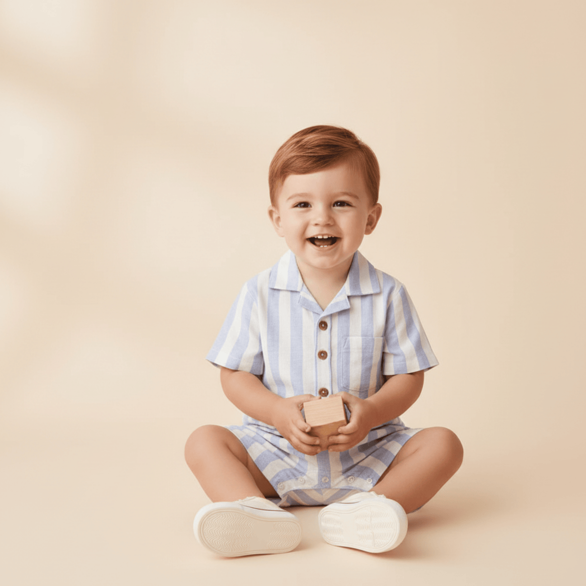 Organic Collared Romper - Blue Stripes - Clothing, Sleeve, Collar, Facial expression, Child | Everetts Place