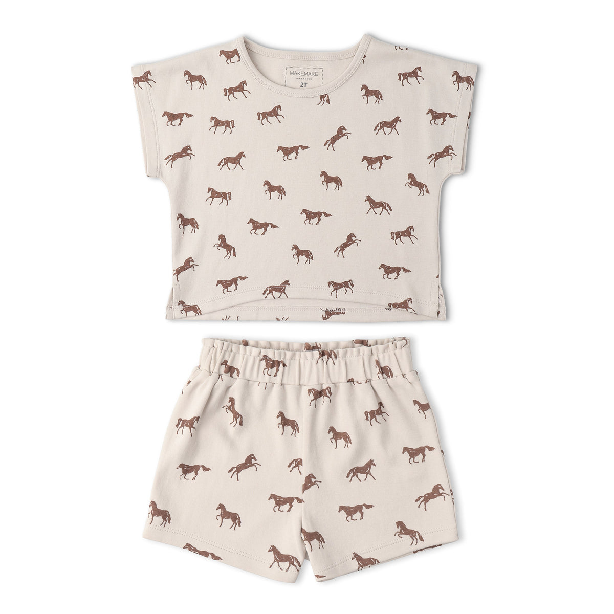 Makemake Organics Makemake Organics Drop Shoulder Tee And Shorts Set Organic Cotton Interlock Baby Outfit With Horses Print