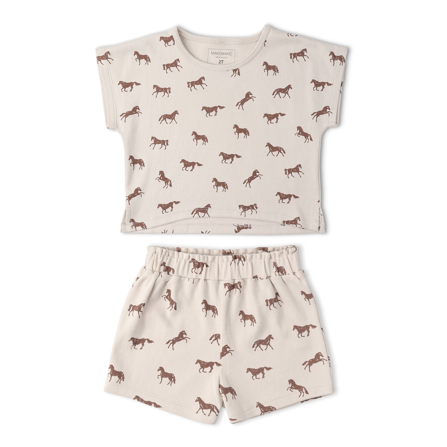 Makemake Organics Makemake Organics Drop Shoulder Tee And Shorts Set Organic Cotton Interlock Baby Outfit With Horses Print