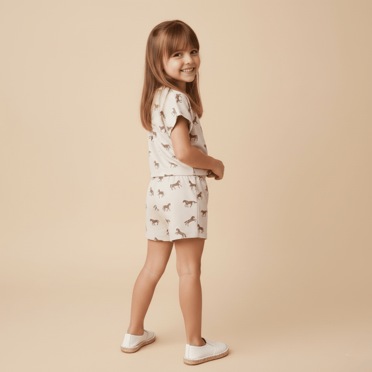 Makemake Organics Makemake Organics Drop Shoulder Tee And Shorts Set Organic Cotton Interlock Baby Outfit With Horses Print