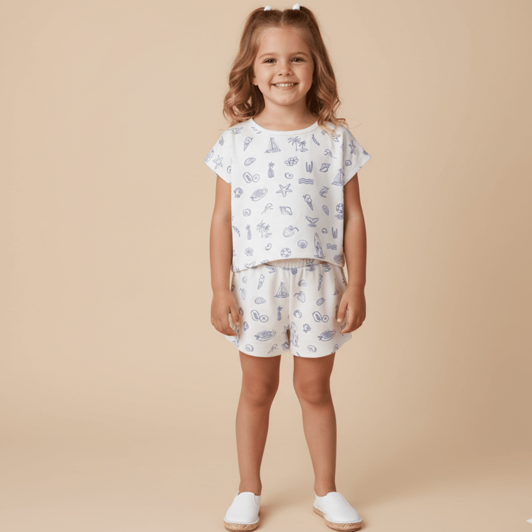 Organic Drop Shoulder Tee & Shorts Set - Coastal - White, Pink, Nightwear, Waist, Child | Everetts Place