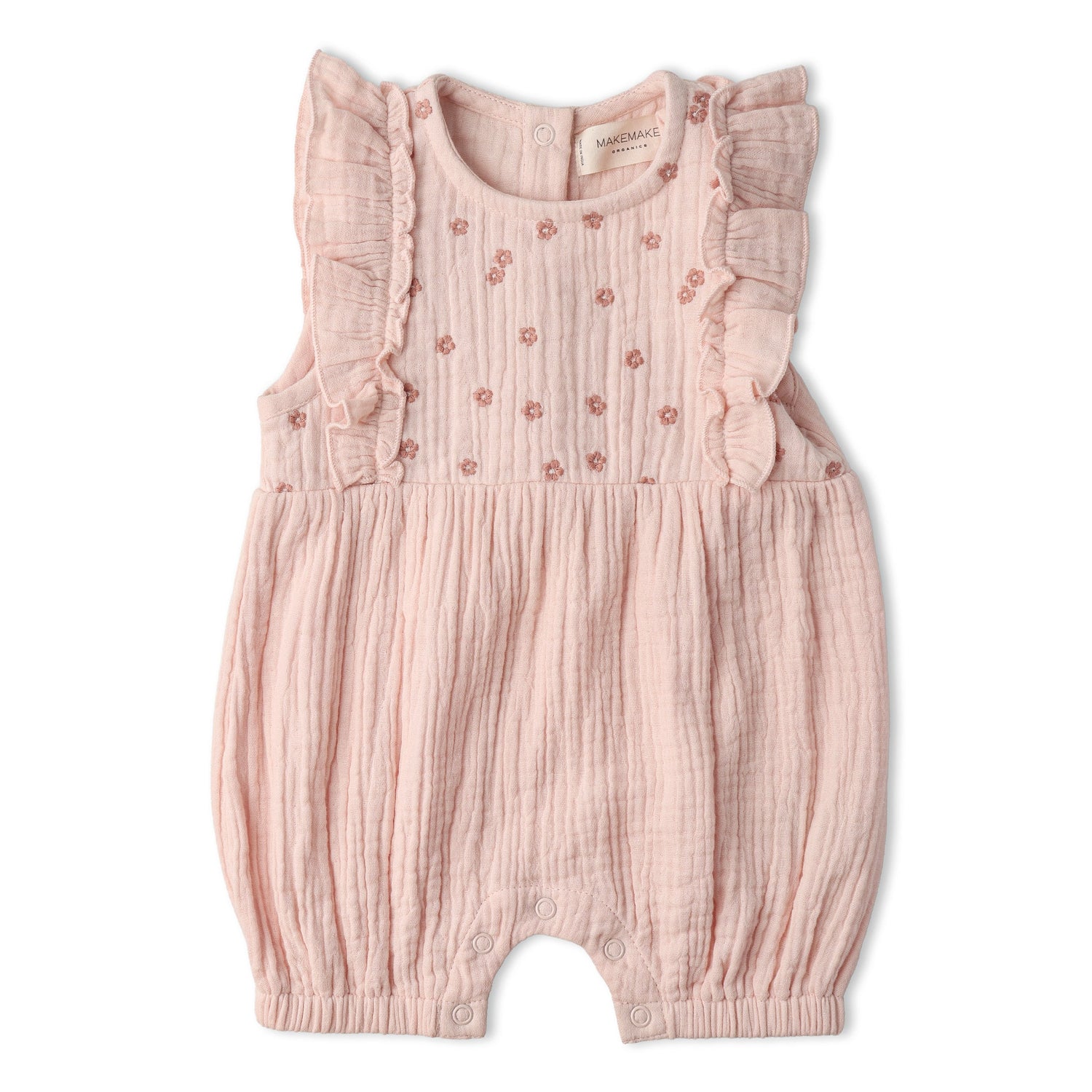Makemake Organics Makemake Organics Embroidered Ruffle Romper In Organic Muslin For Babies Lightweight Summer One Piece