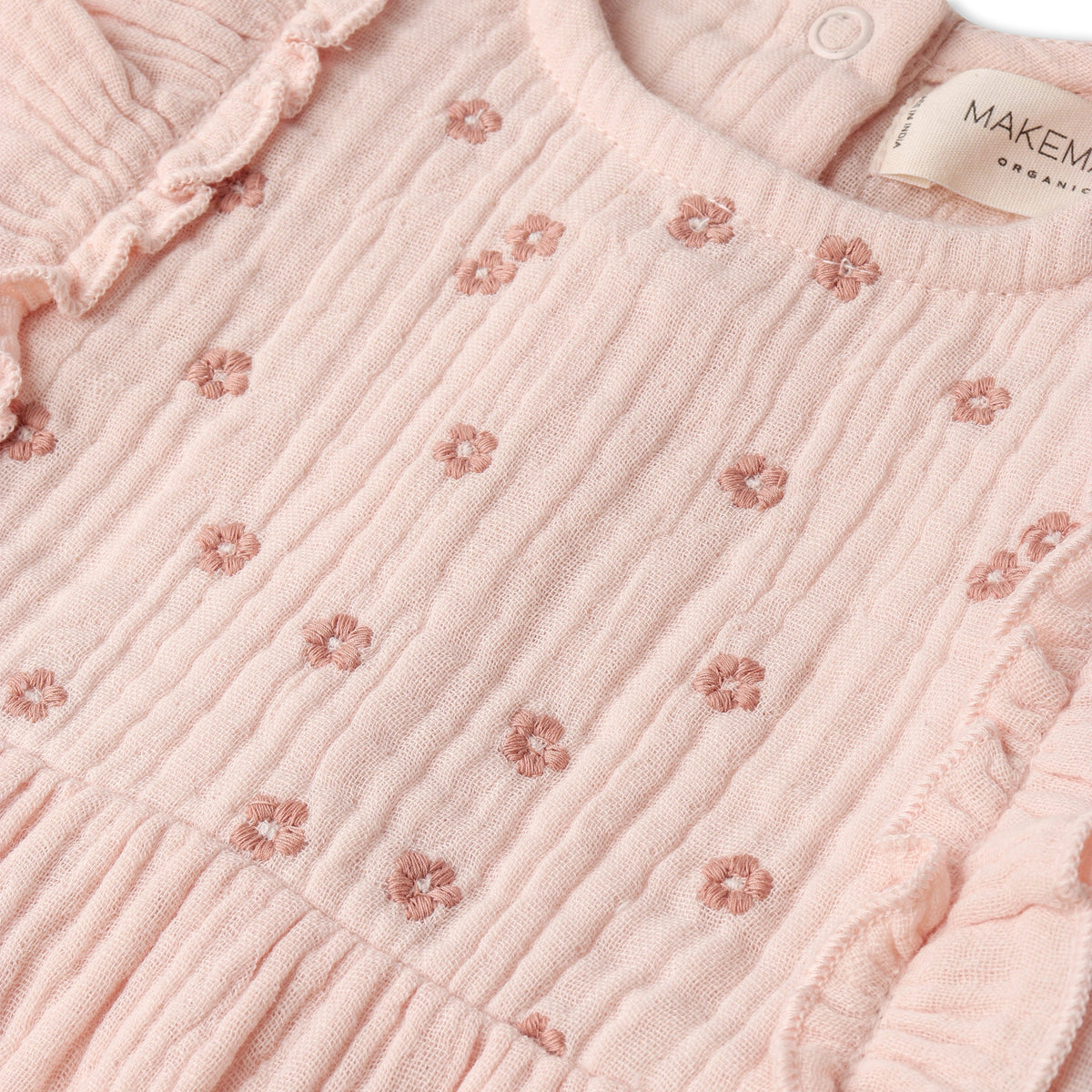 Makemake Organics Makemake Organics Embroidered Ruffle Romper In Organic Muslin For Babies Lightweight Summer One Piece