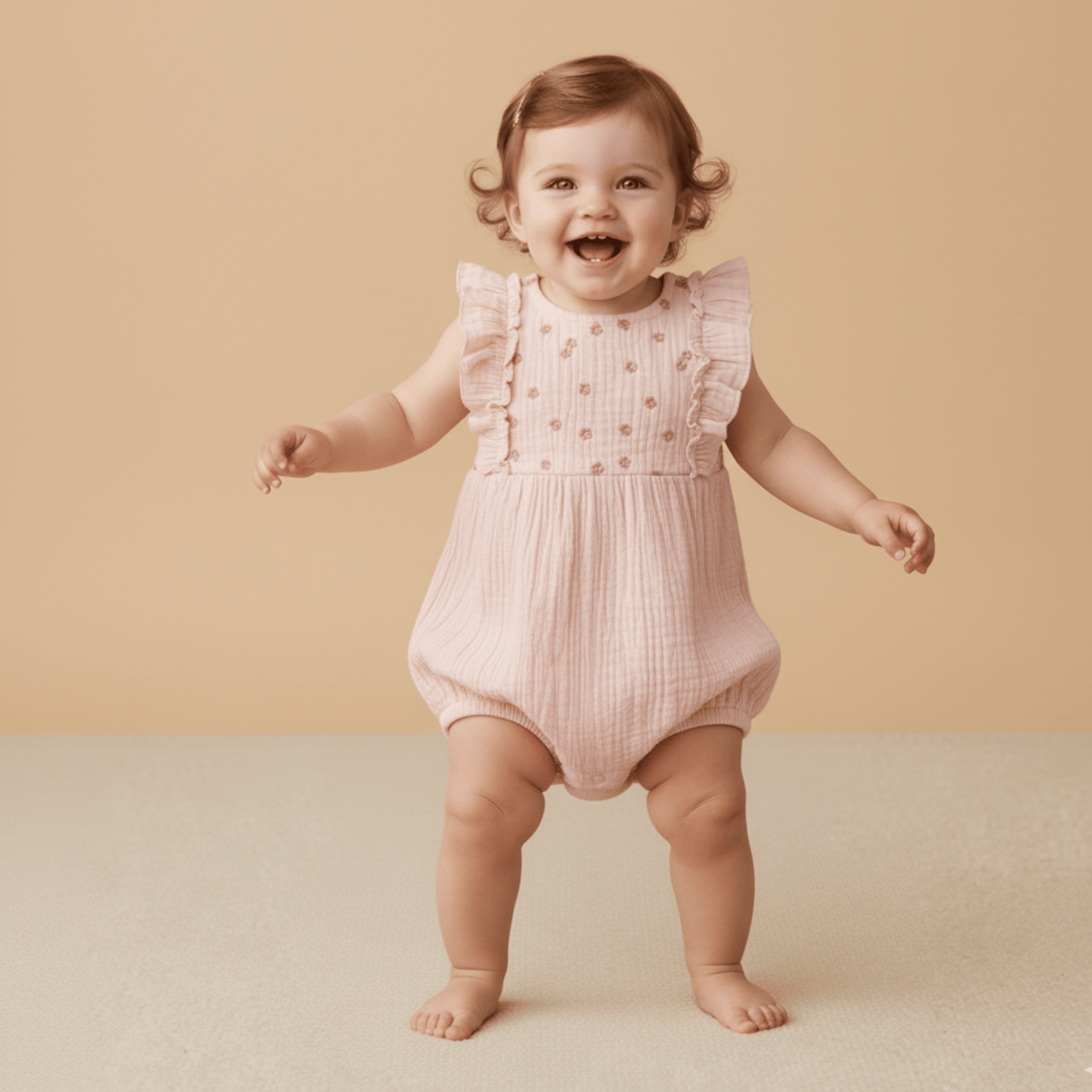 Organic Embroidered Ruffle Romper - Blush - Sleeve, Baby & Toddler Clothing, One-piece garment, Pink, Dress | Everetts Place