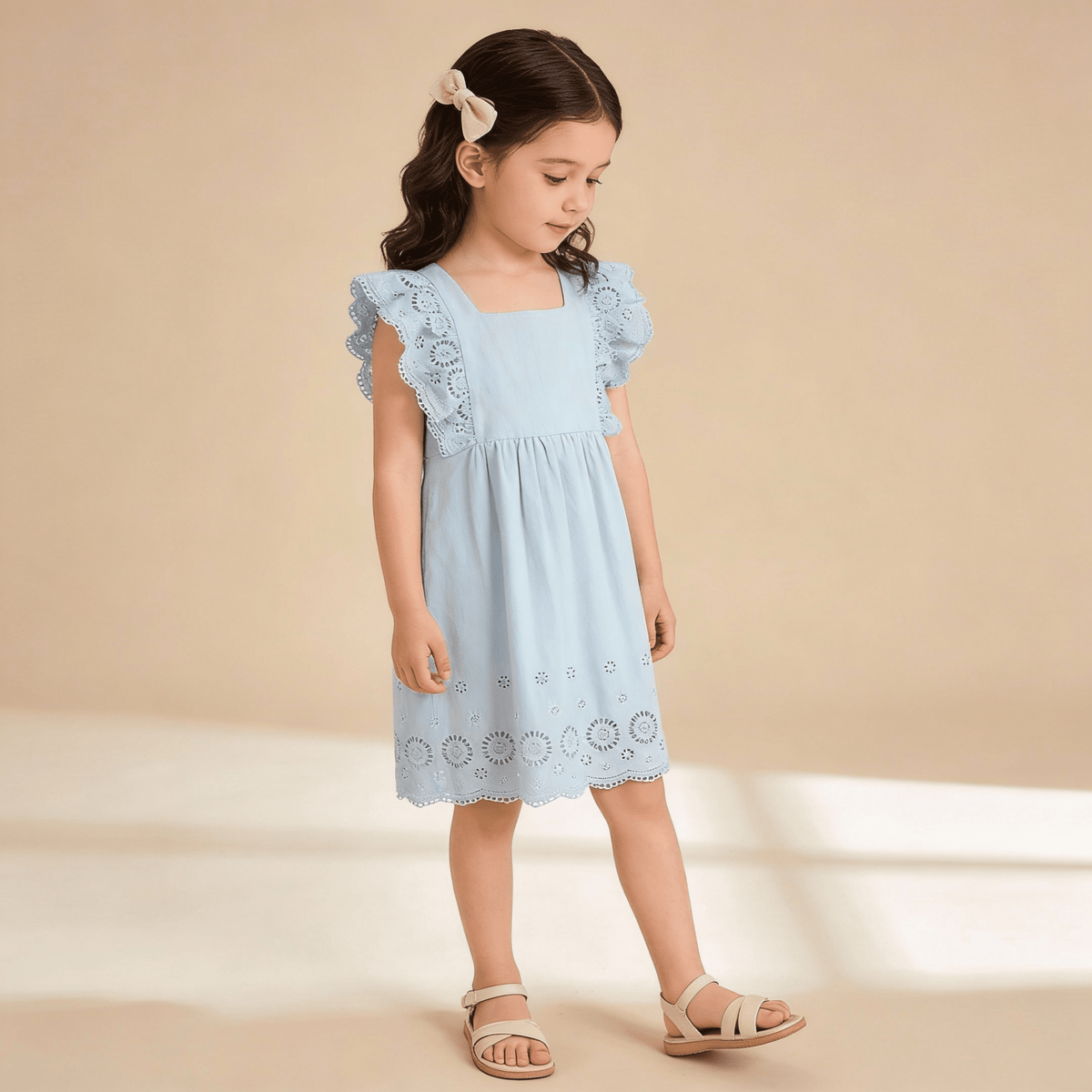 Organic Eyelet Flutter Dress - Light Blue Eyelet - Shoulder, Dress, Day Dress, Fashion, One-piece garment | Everetts Place