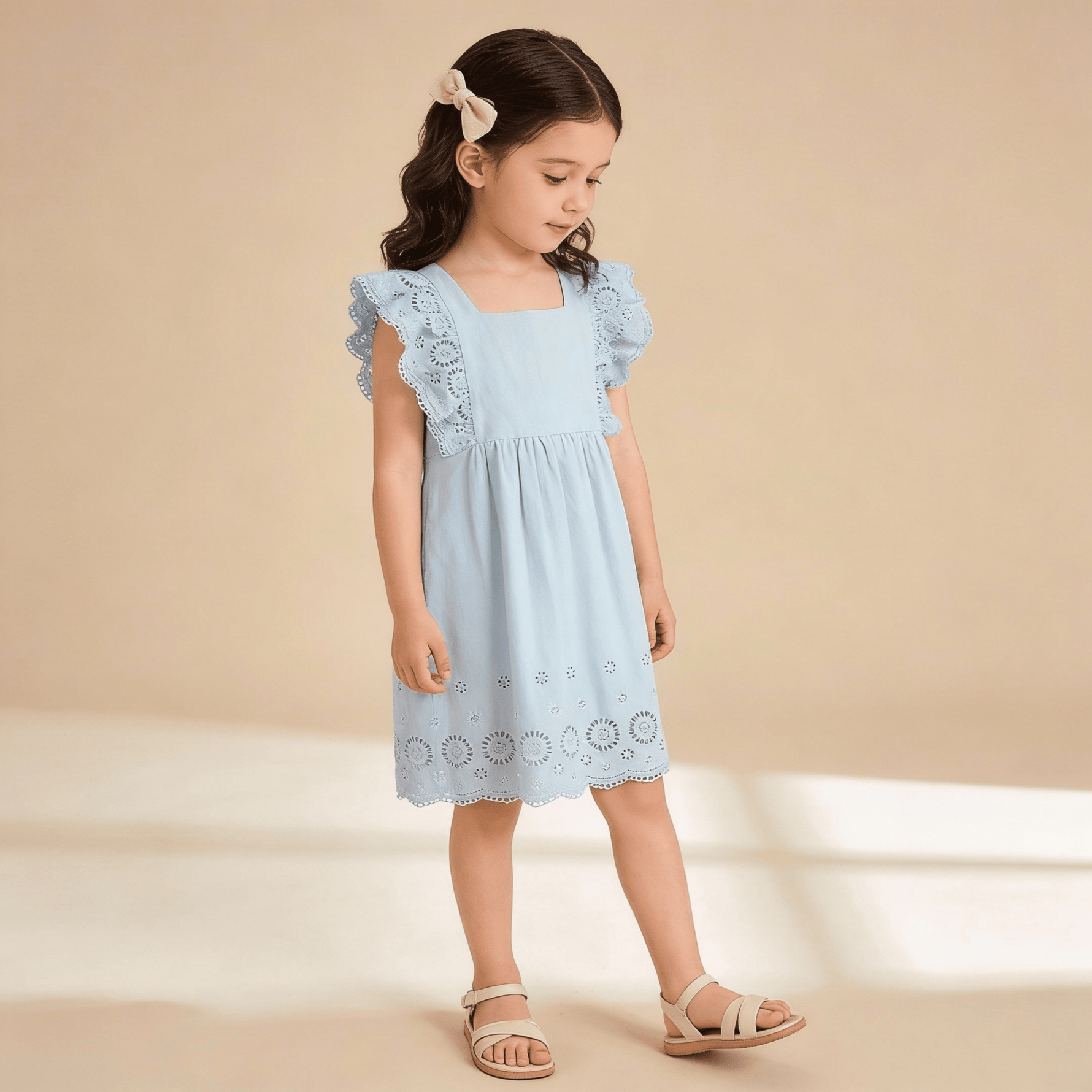 Organic Eyelet Flutter Dress - Light Blue Eyelet - Shoulder, Dress, Day Dress, Fashion, One-piece garment | Everetts Place