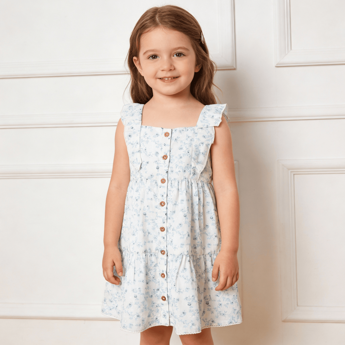 Makemake Organics Makemake Organics Flutter Buttoned Tiered Dress For Baby Girls Soft Flutter Sleeves Front Button