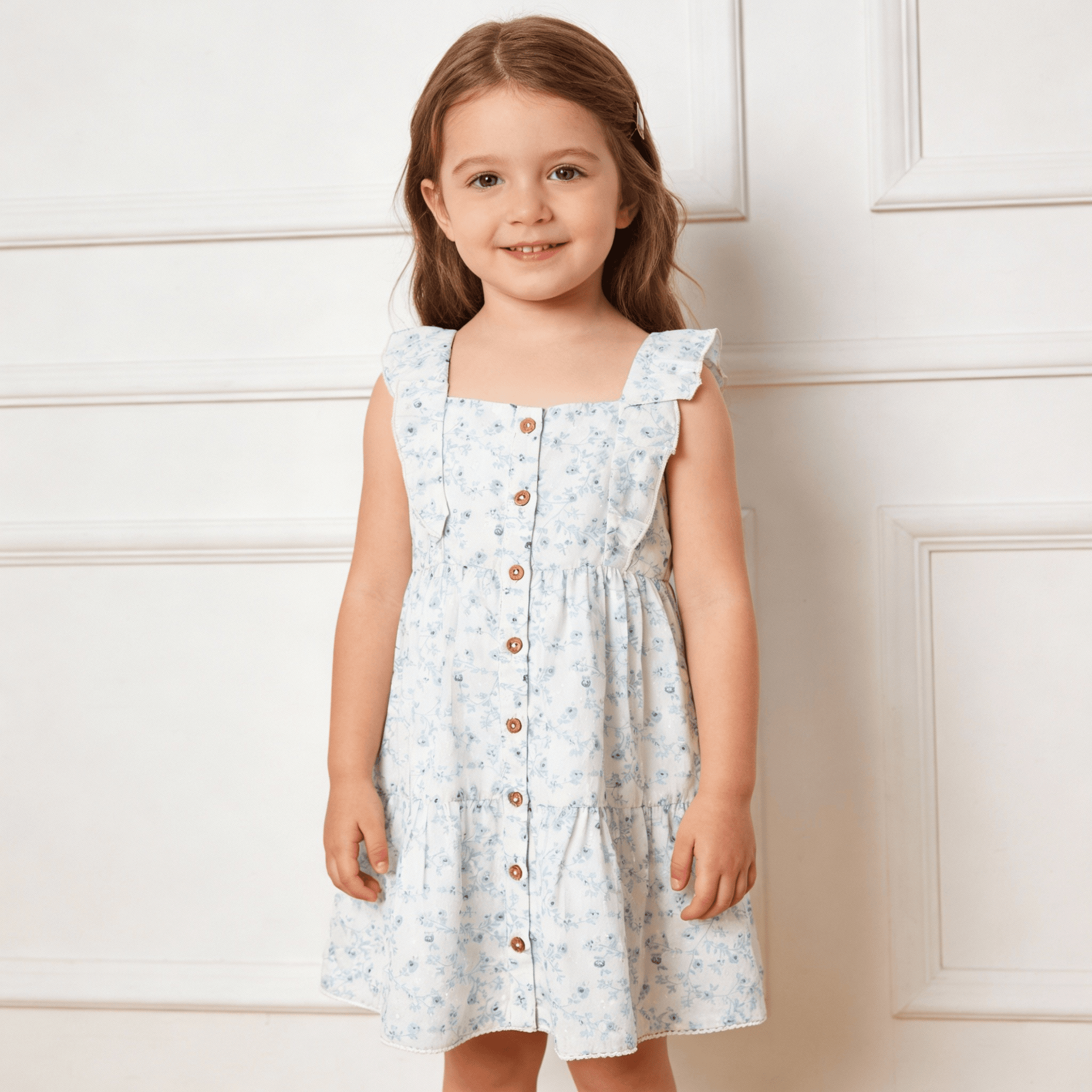 Makemake Organics Makemake Organics Flutter Buttoned Tiered Dress For Baby Girls Soft Flutter Sleeves Front Button