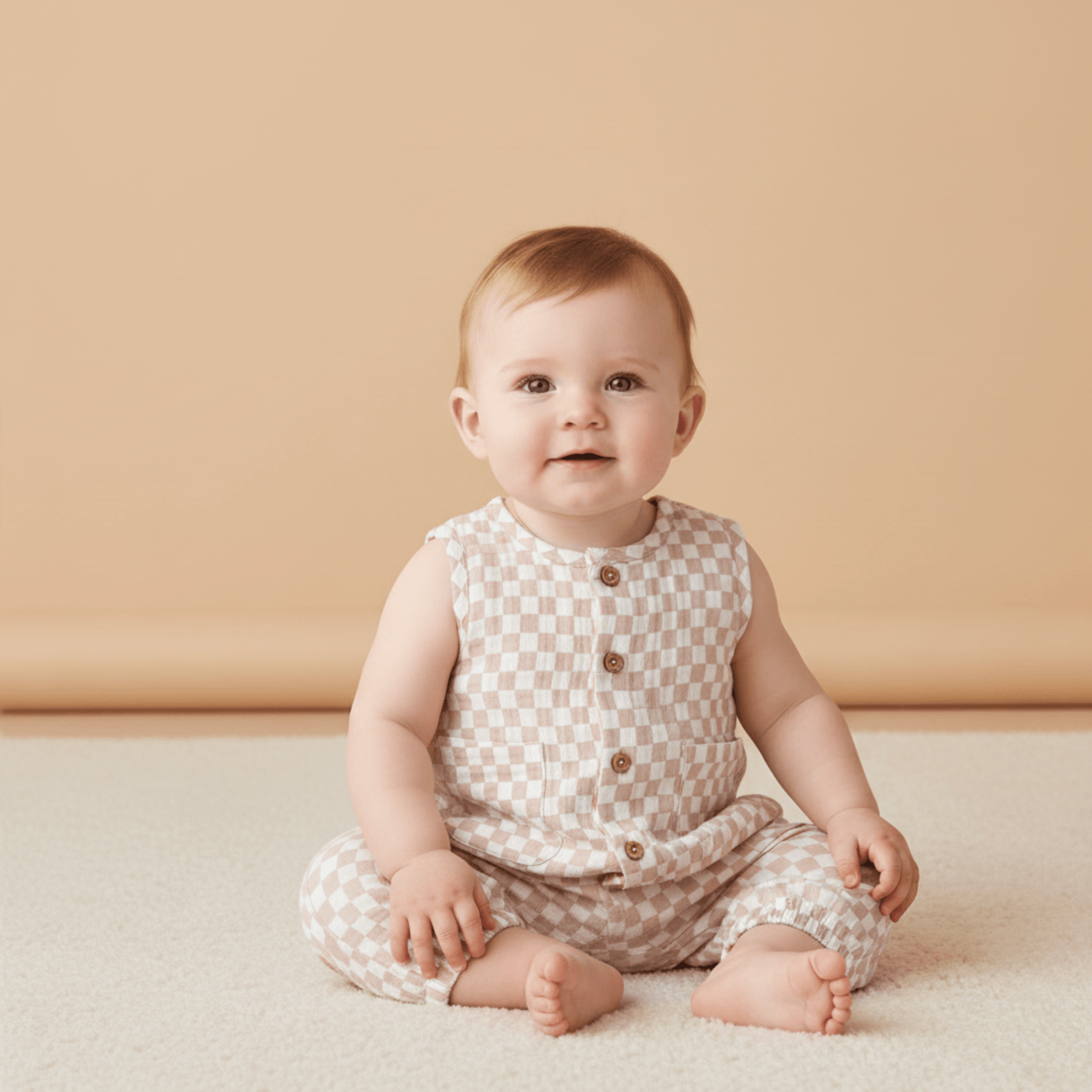Organic Buttoned Jumpsuit - Brick Checks - Sleeve, Baby & Toddler Clothing, Collar, Textile, Child | Everetts Place