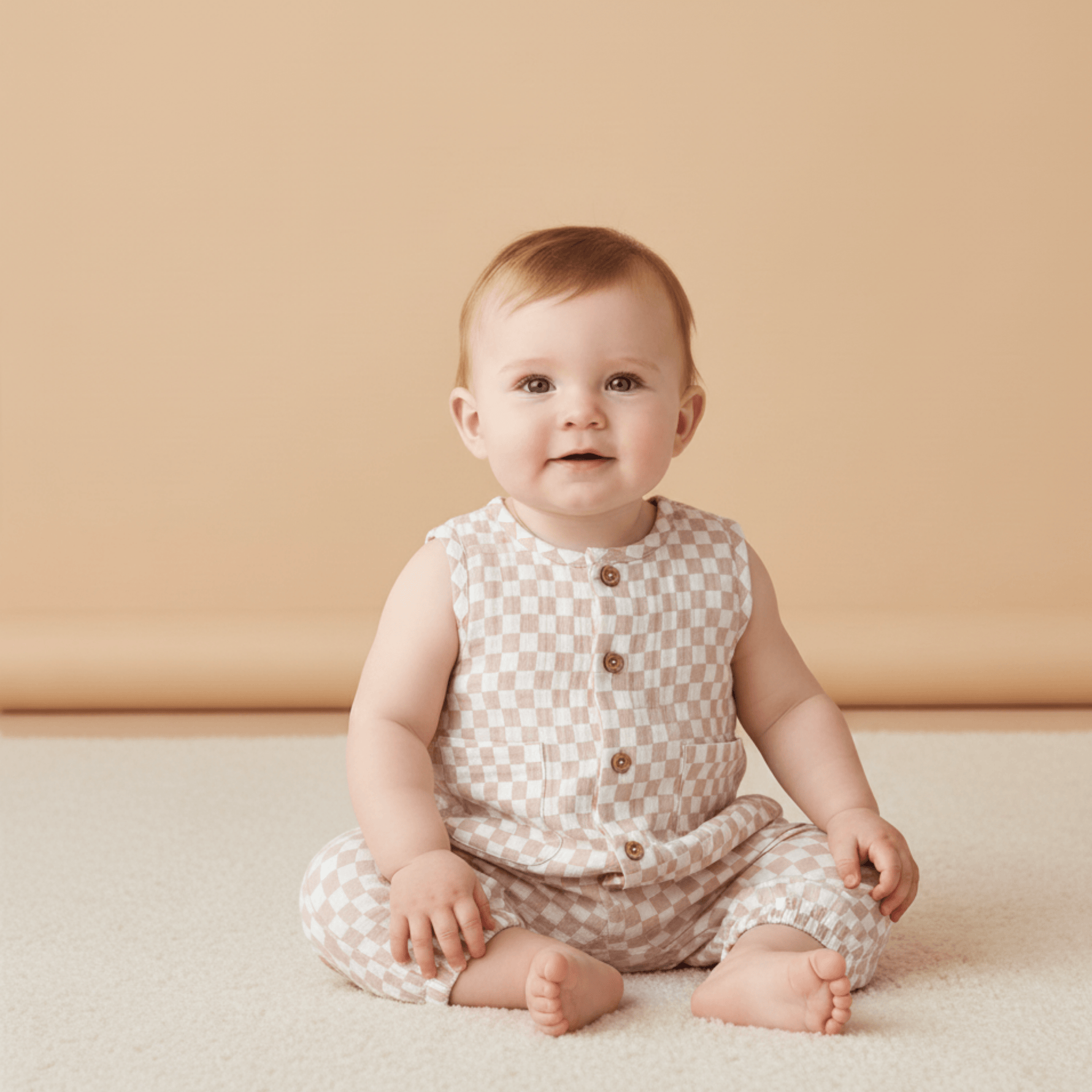 Organic Buttoned Jumpsuit - Brick Checks - Sleeve, Baby & Toddler Clothing, Collar, Textile, Child | Everetts Place