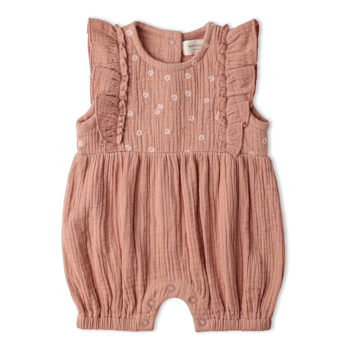 Makemake Organics Makemake Organics Organic Embroidered Ruffle Romper for Babies Lightweight Muslin Cotton