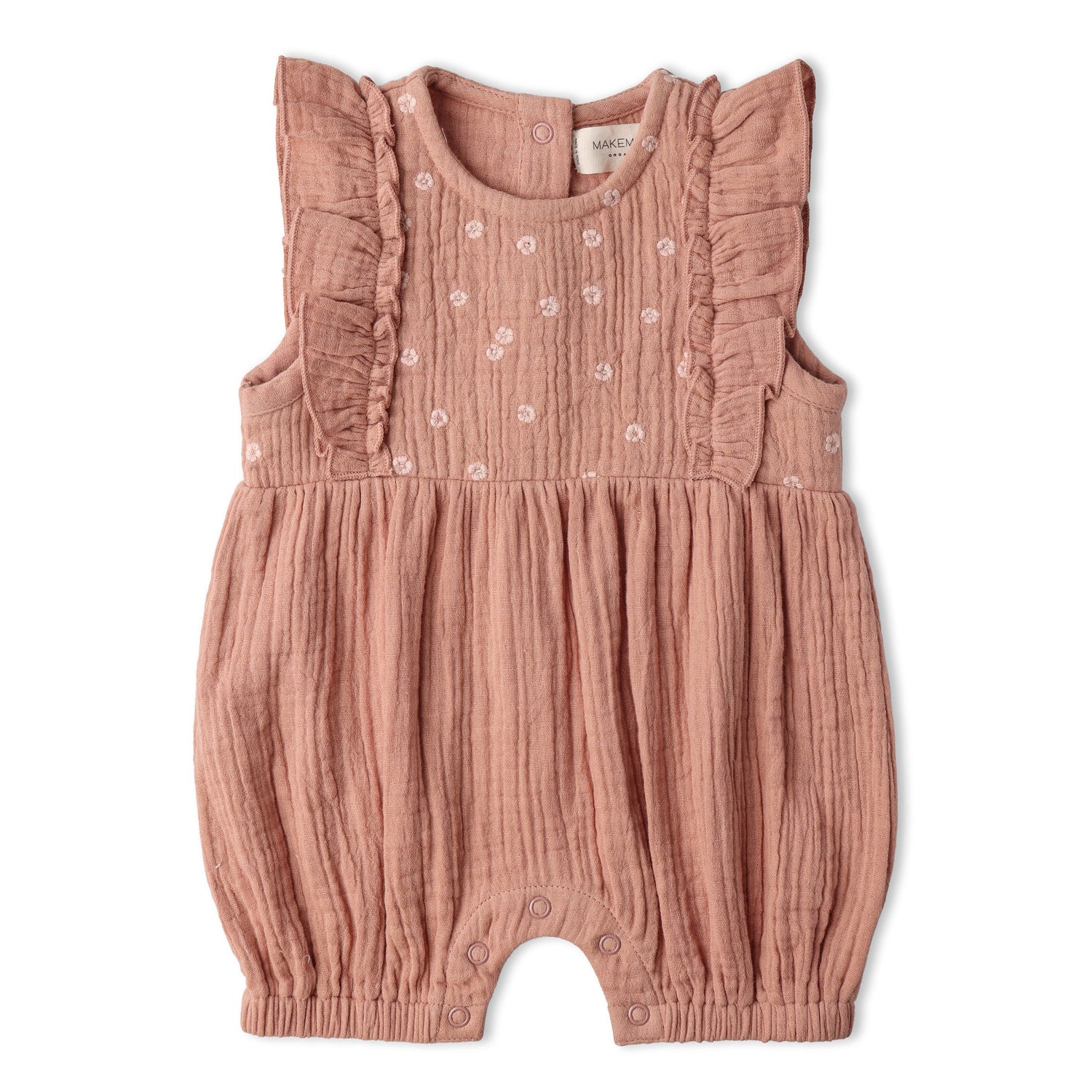 Makemake Organics Makemake Organics Organic Embroidered Ruffle Romper for Babies Lightweight Muslin Cotton