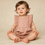 Makemake Organics Makemake Organics Organic Embroidered Ruffle Romper for Babies Lightweight Muslin Cotton