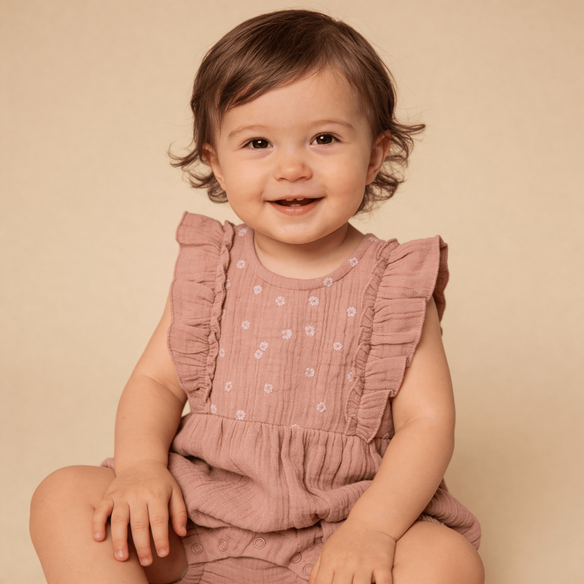 Organic Embroidered Ruffle Romper - Clay - Baby & Toddler Clothing, Textile, One-piece garment, Dress, Pink | Everetts Place