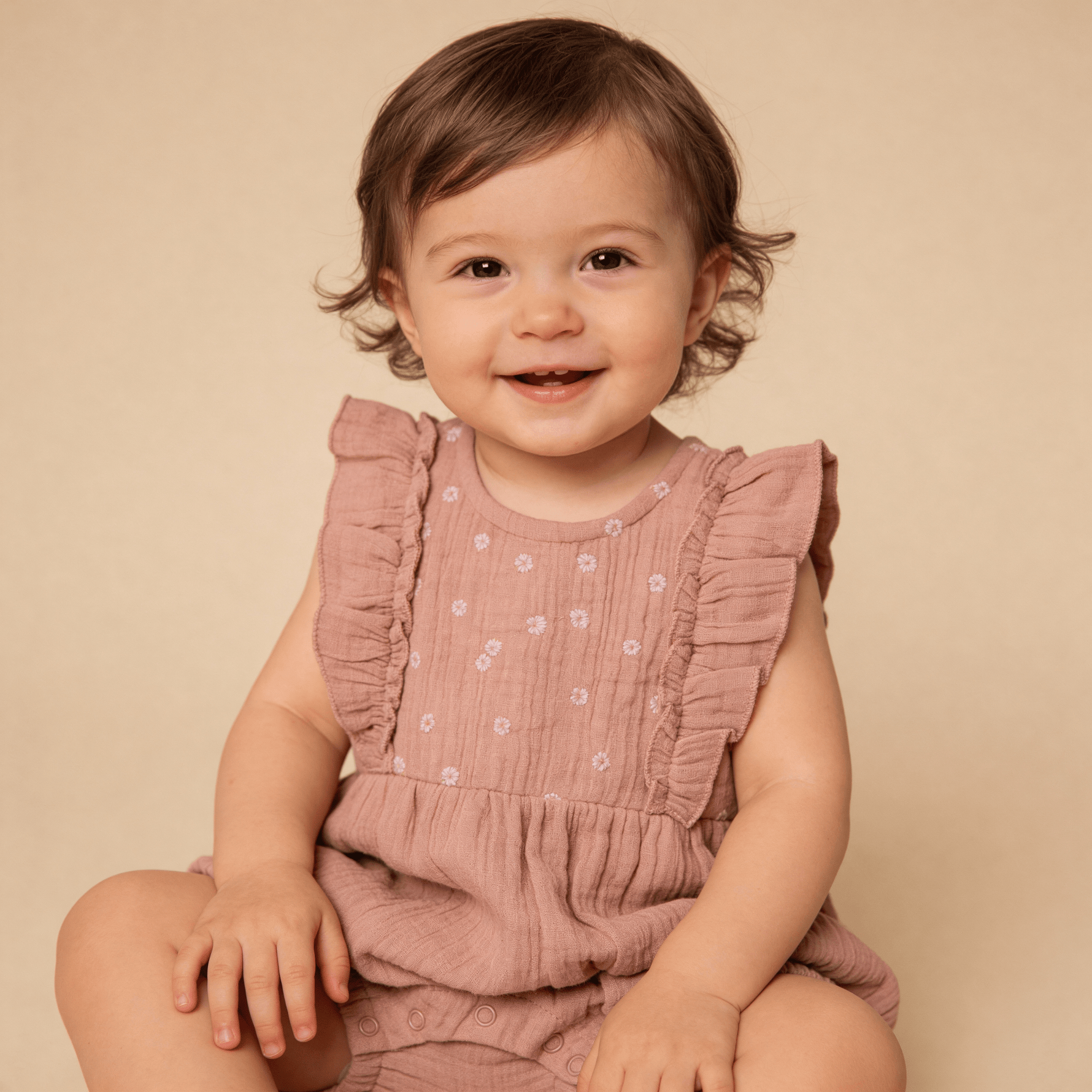 Organic Embroidered Ruffle Romper - Clay - Baby & Toddler Clothing, Textile, One-piece garment, Dress, Pink | Everetts Place