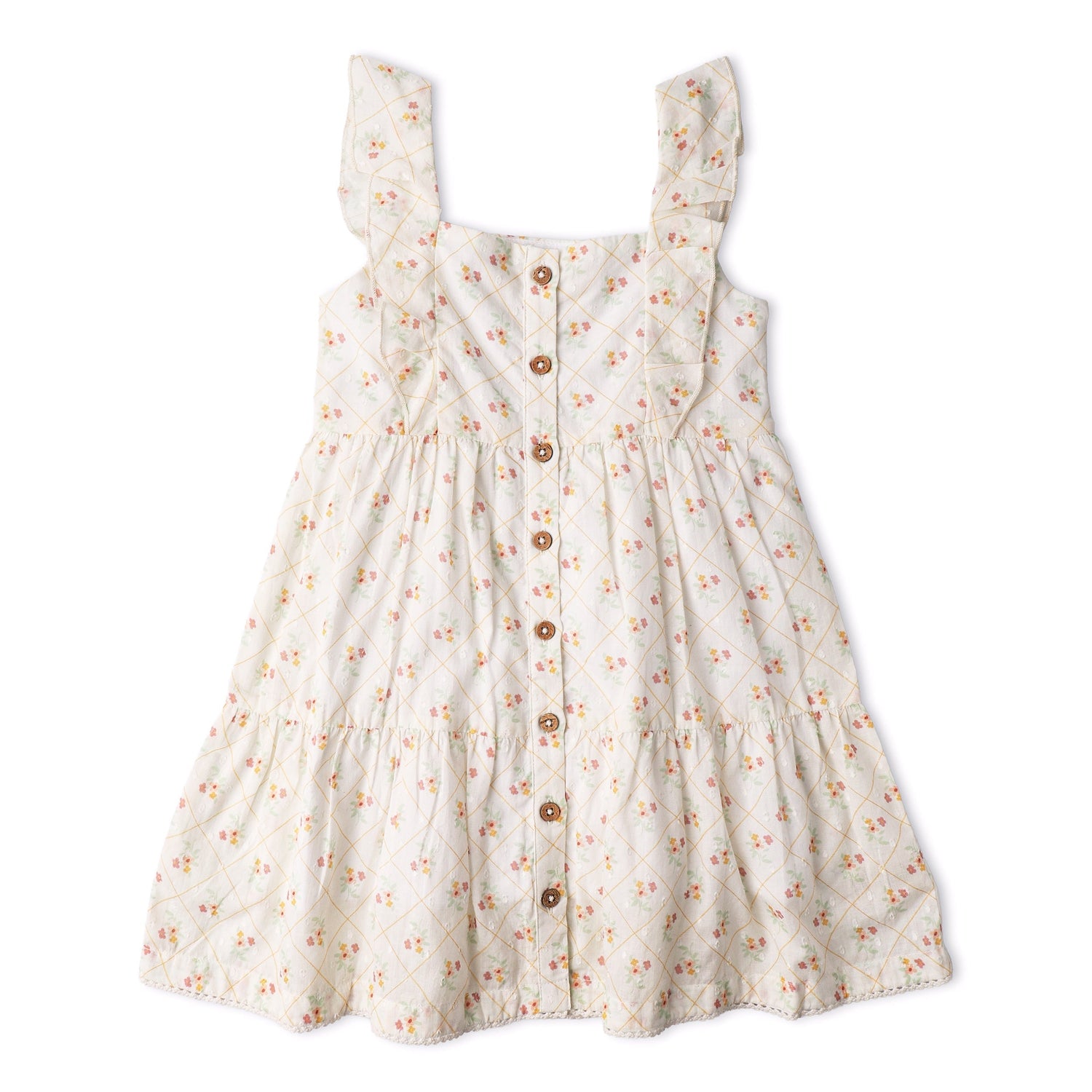 Makemake Organics Makemake Organics Organic Flutter Buttoned Tiered Dress For Toddlers With Soft Sleeves And Front Button