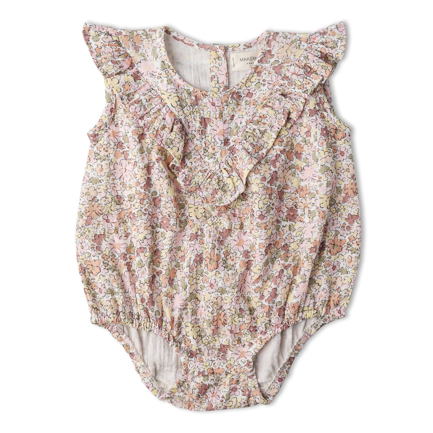 Makemake Organics Makemake Organics Organic Sleeveless Ruffle Bubble Romper Pastel Bloom Breathable For Baby