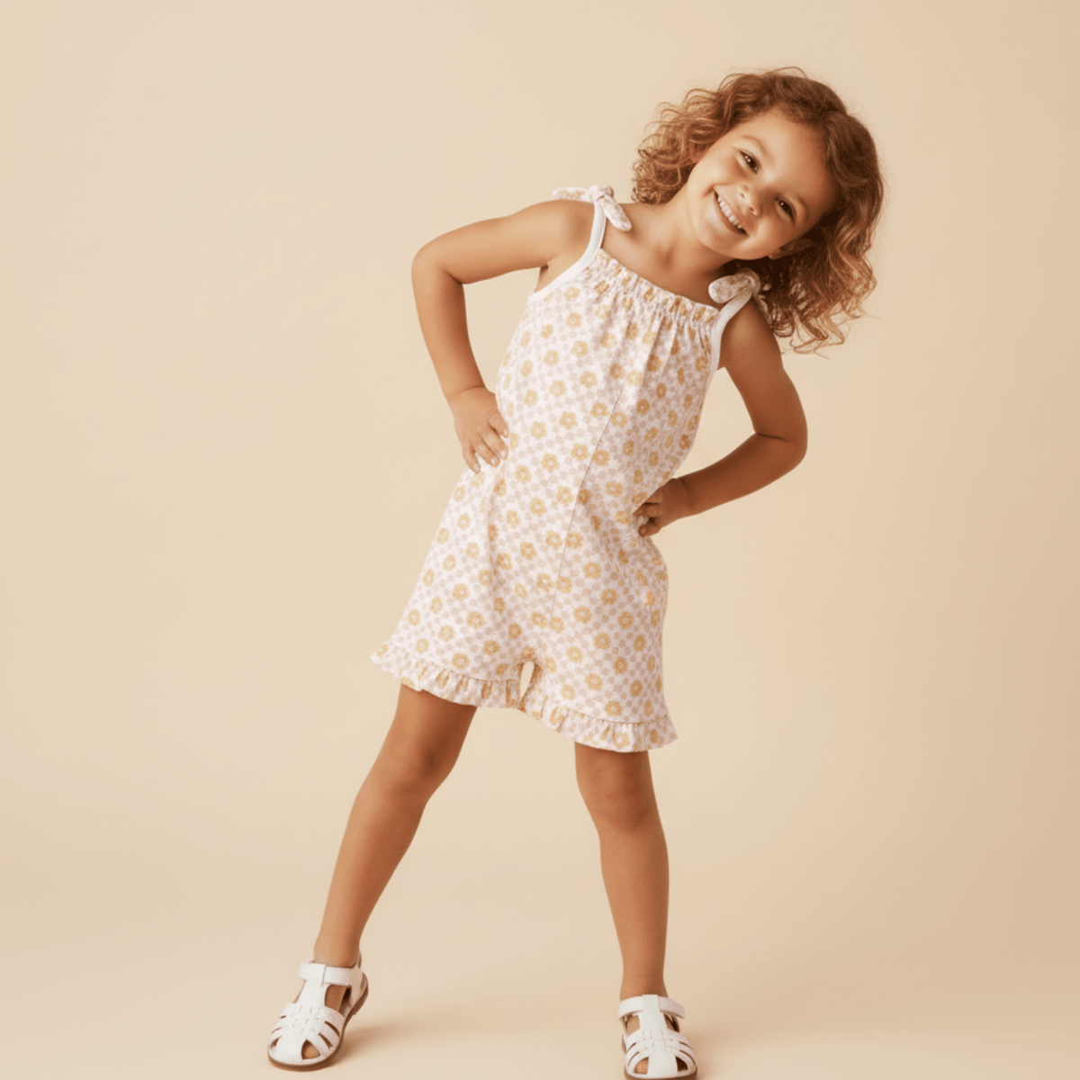 Organic Ruffle Jumpsuit - Pop Floral - Dress, One-piece garment, Day Dress, Pink, Knee | Everetts Place