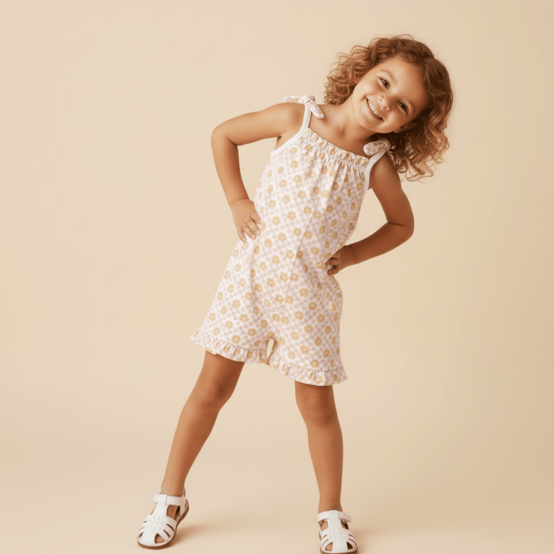 Organic Ruffle Jumpsuit - Pop Floral - Dress, One-piece garment, Day Dress, Pink, Knee | Everetts Place