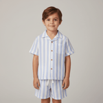 Organic Shirt & Shorts Set - Blue Stripes - Collar, Button, Nightwear, Child, Pocket | Everetts Place