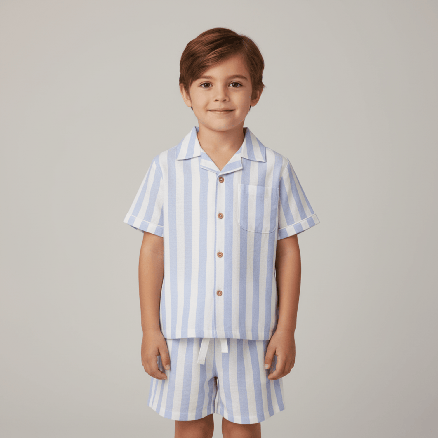 Organic Shirt & Shorts Set - Blue Stripes - Collar, Button, Nightwear, Child, Pocket | Everetts Place