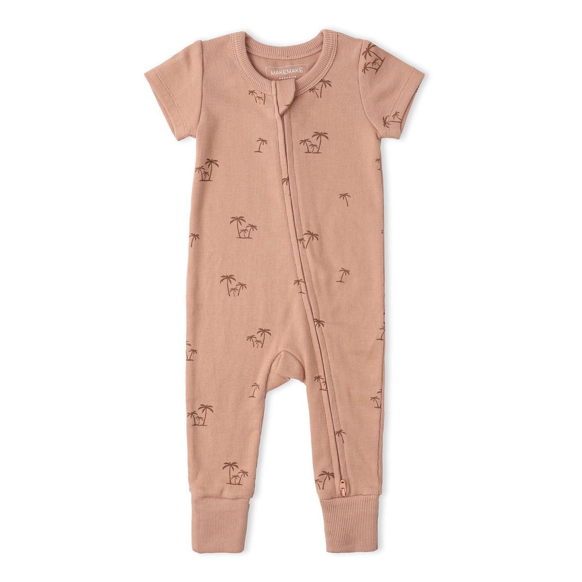 Makemake Organics Makemake Organics Short Sleeve Zip Romper With Island Palm Print And Two Way Zip For Babies