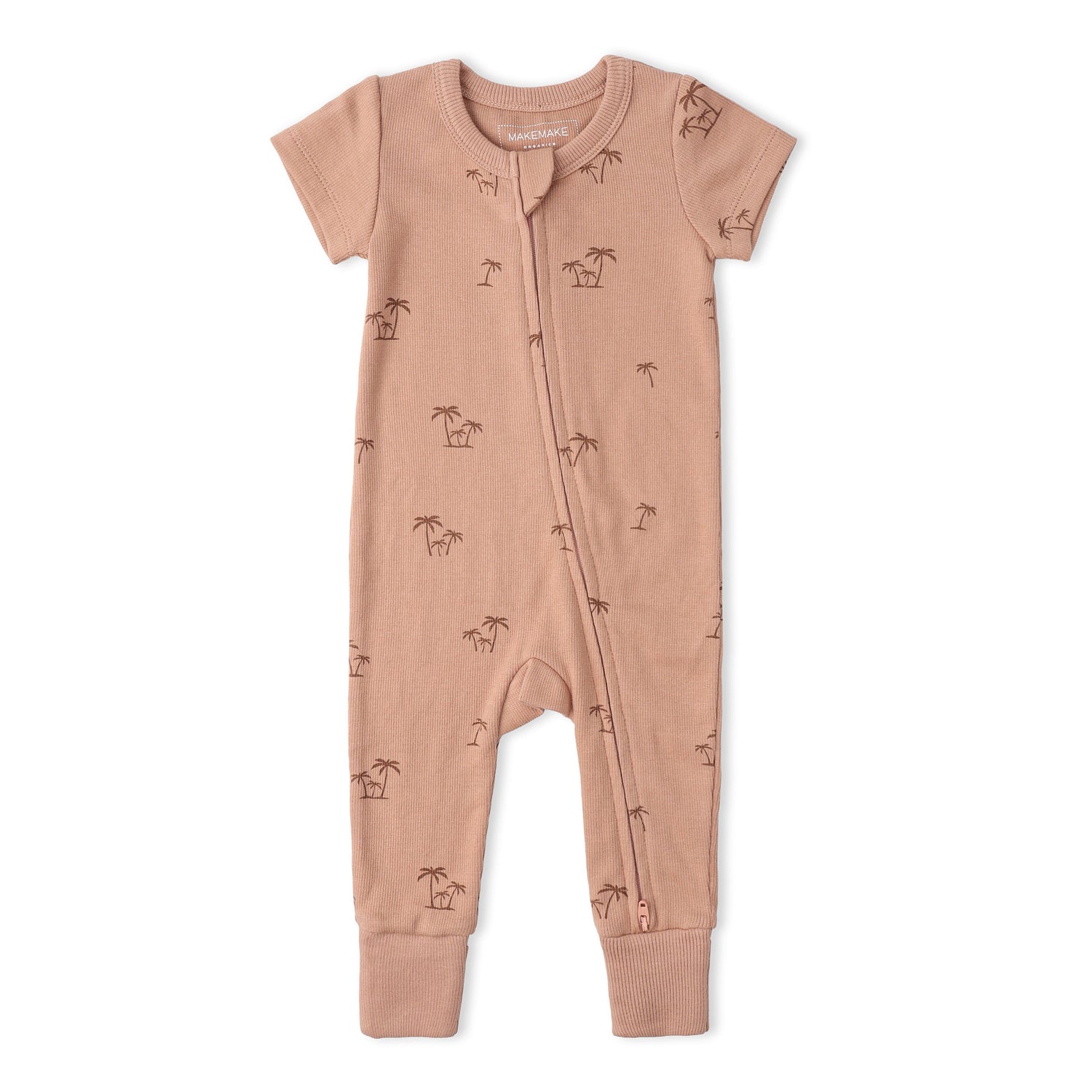 Makemake Organics Makemake Organics Short Sleeve Zip Romper With Island Palm Print And Two Way Zip For Babies