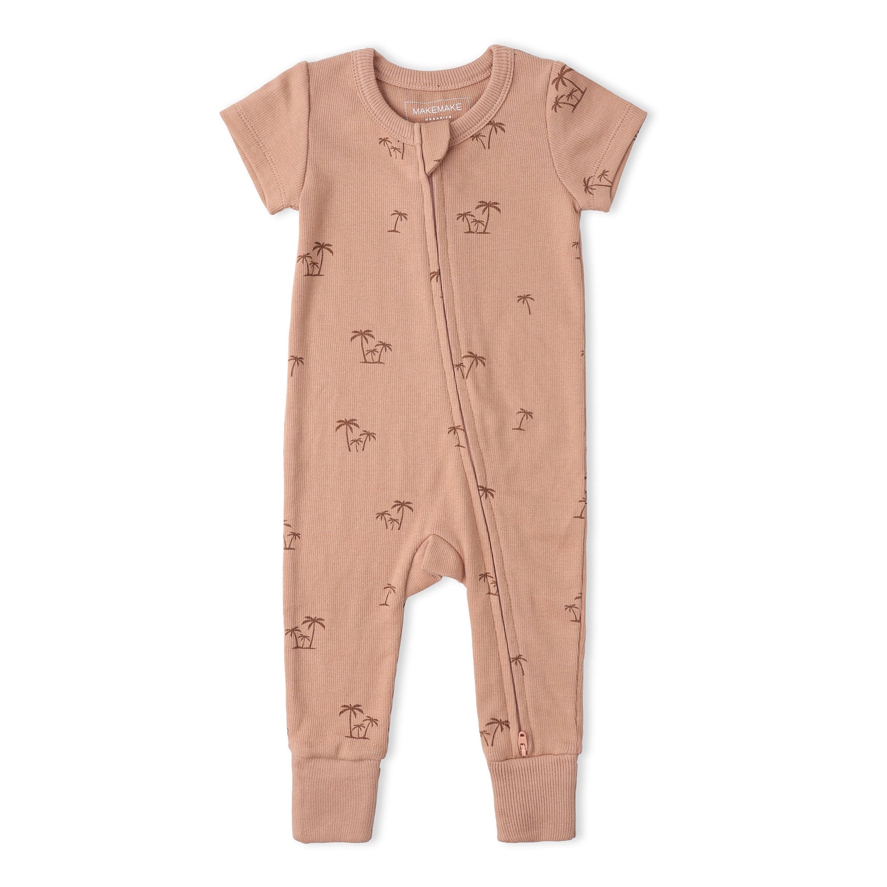 Makemake Organics Makemake Organics Short Sleeve Zip Romper With Island Palm Print And Two Way Zip For Babies