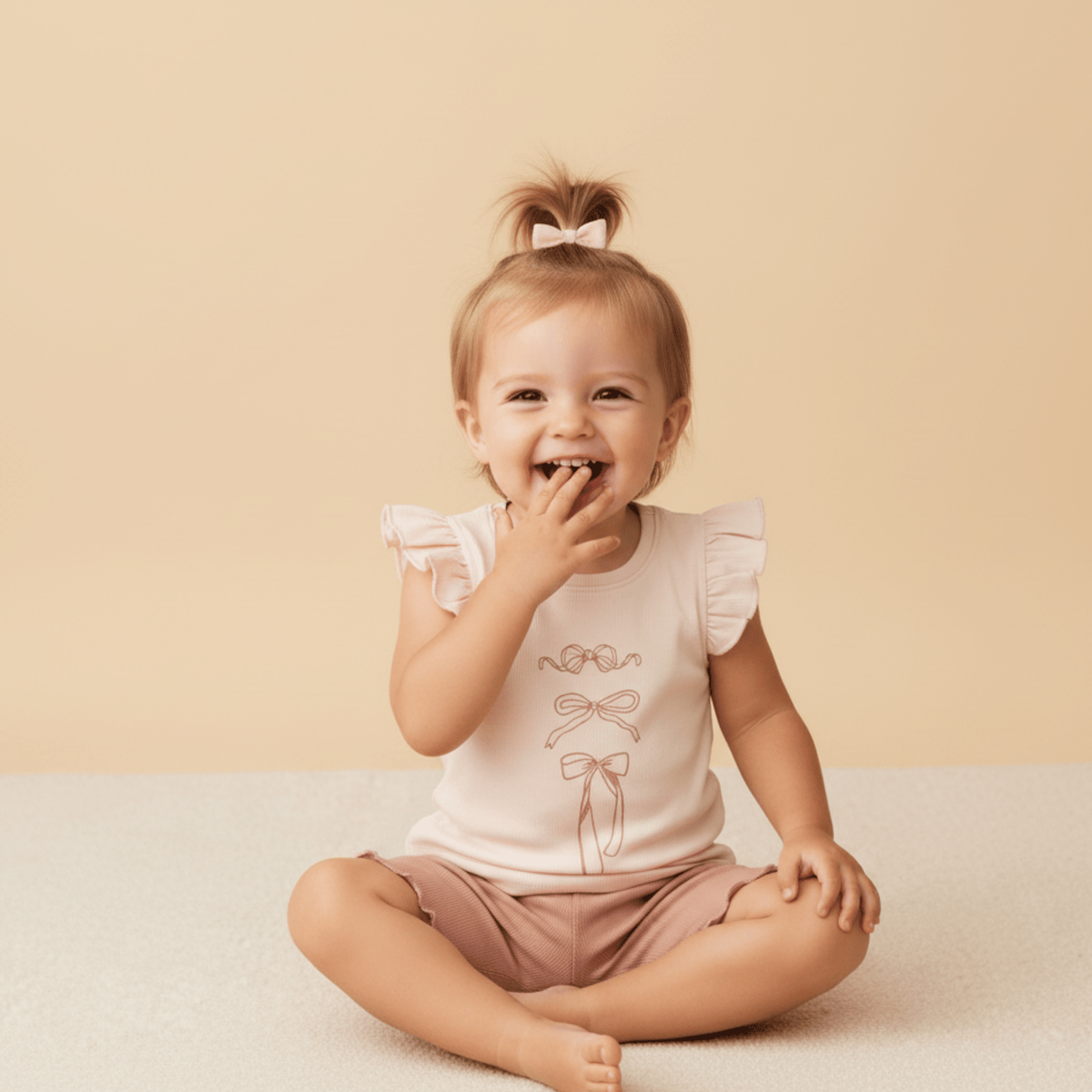 Organic Sleeveless Flutter Top & Shorts Set - Bows - Baby & Toddler Clothing, Pink, Child, Brown hair, Happiness | Everetts Place