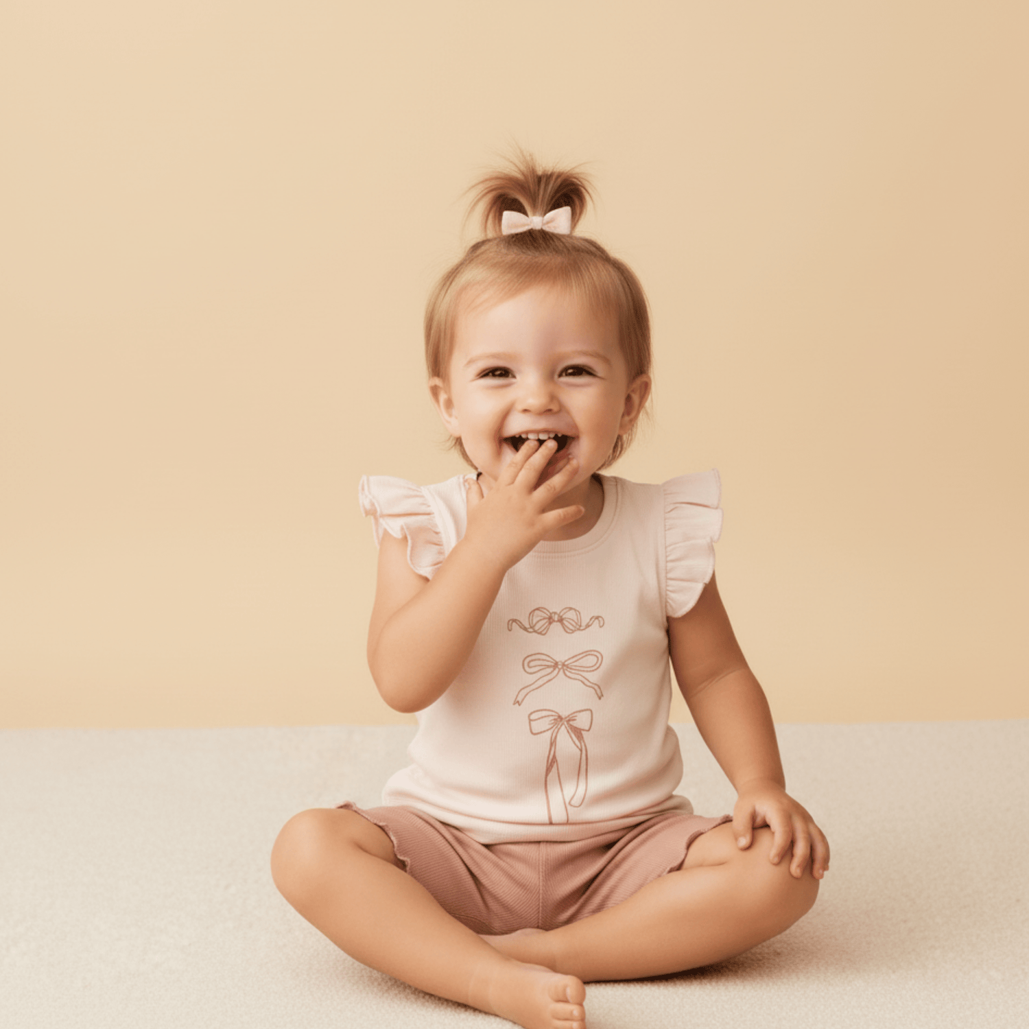 Organic Sleeveless Flutter Top & Shorts Set - Bows - Baby & Toddler Clothing, Pink, Child, Brown hair, Happiness | Everetts Place