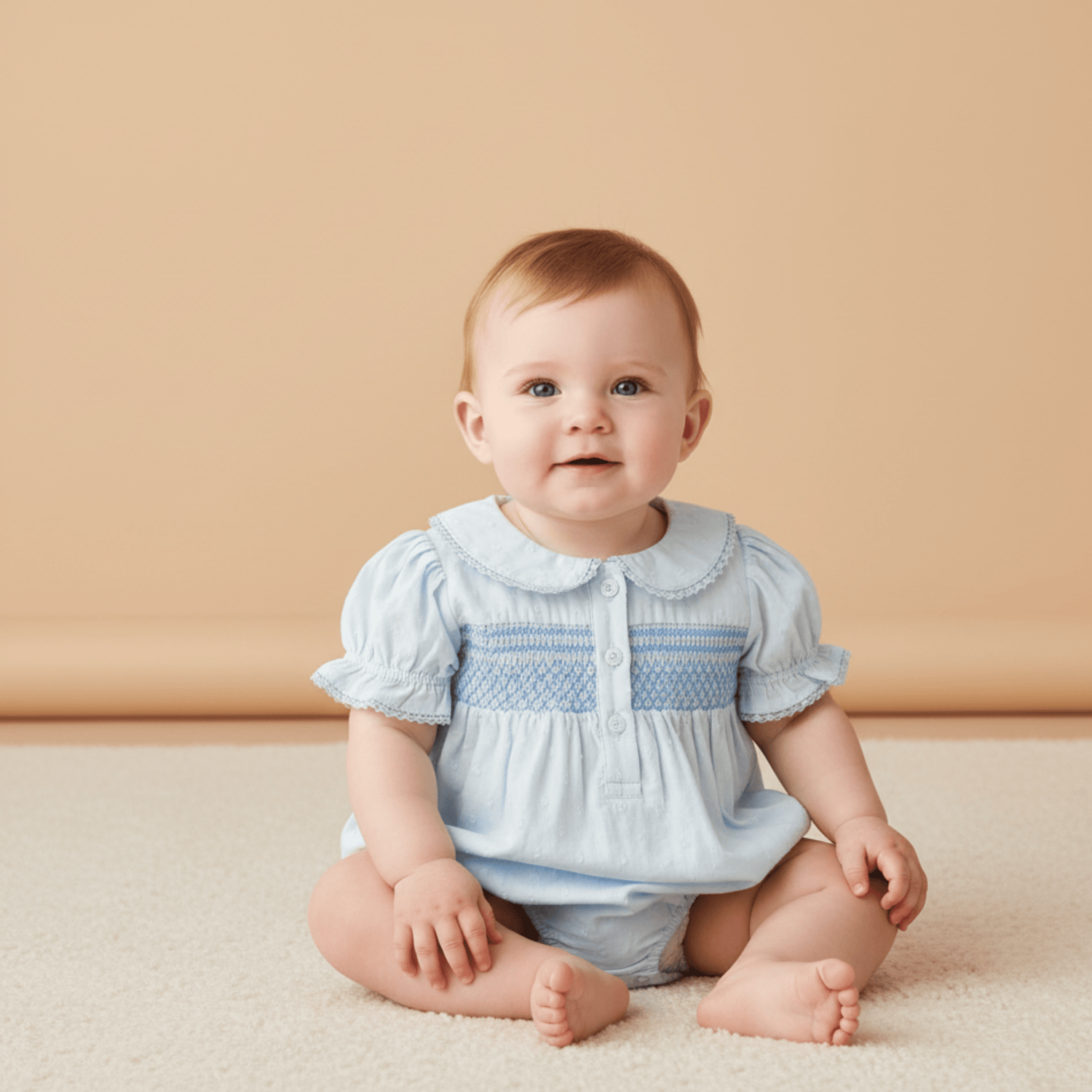 Makemake Organics Makemake Organics Smocked Button Romper With Wooden Buttons Airy Dobby Cotton For Babies