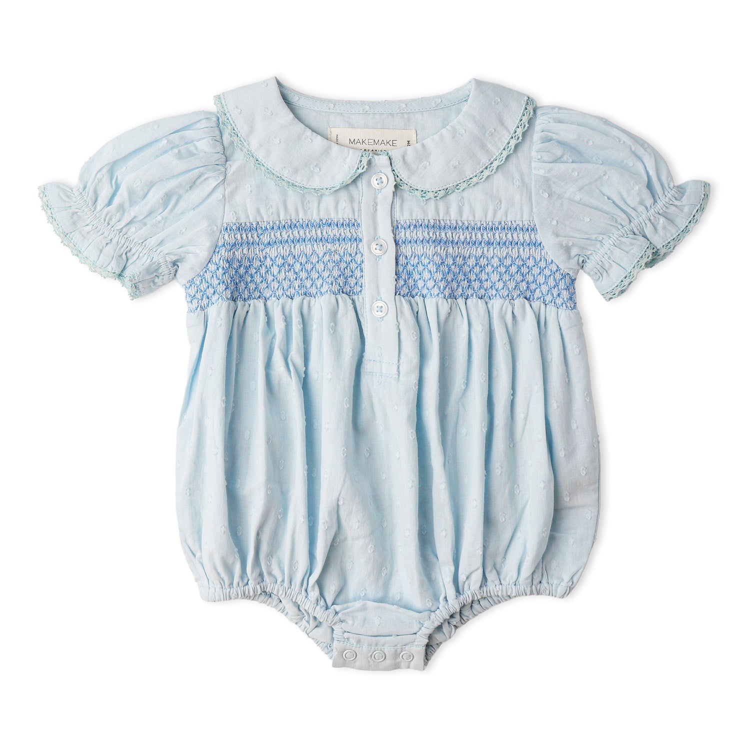 Makemake Organics Makemake Organics Smocked Button Romper With Wooden Buttons Airy Dobby Cotton For Babies