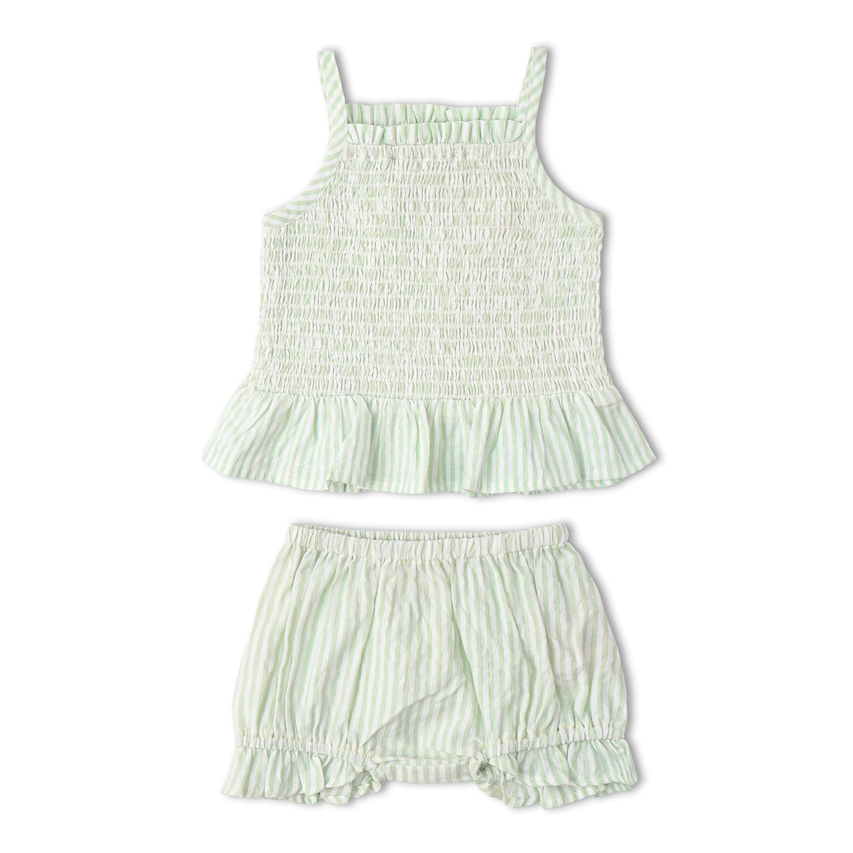 Makemake Organics Makemake Organics Smocked Top And Bloomer Set In Airy Seersucker For Babies Lightweight Two Piece Outfit