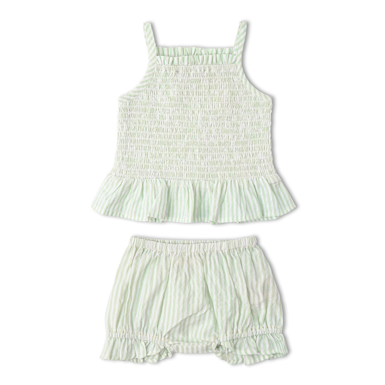 Makemake Organics Makemake Organics Smocked Top And Bloomer Set In Airy Seersucker For Babies Lightweight Two Piece Outfit