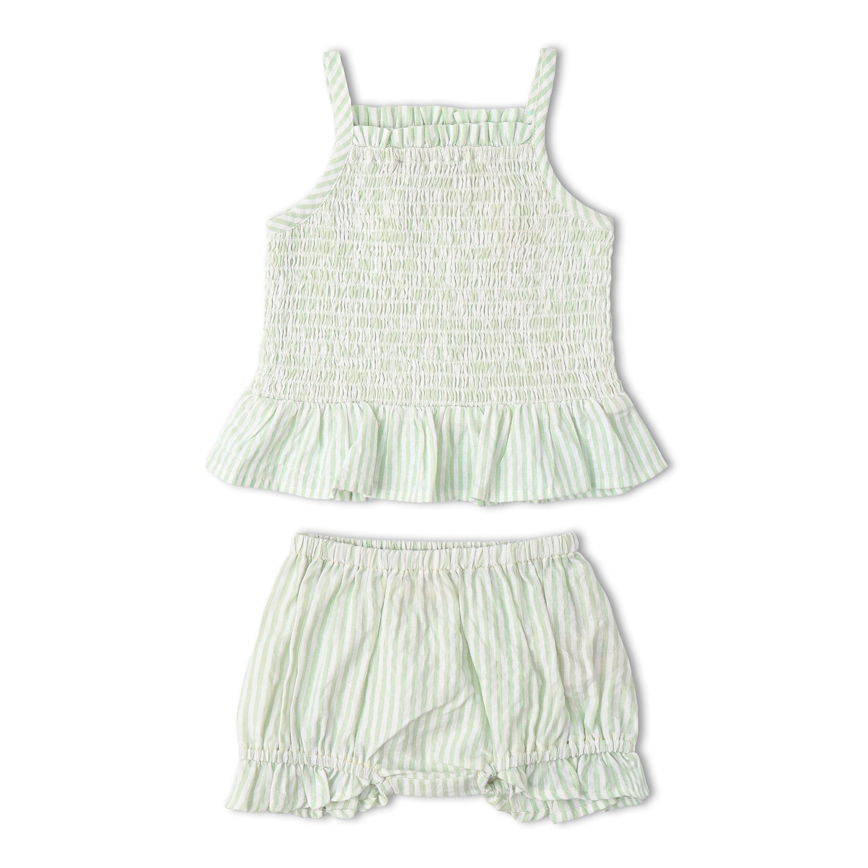 Makemake Organics Makemake Organics Smocked Top And Bloomer Set In Airy Seersucker For Babies Lightweight Two Piece Outfit