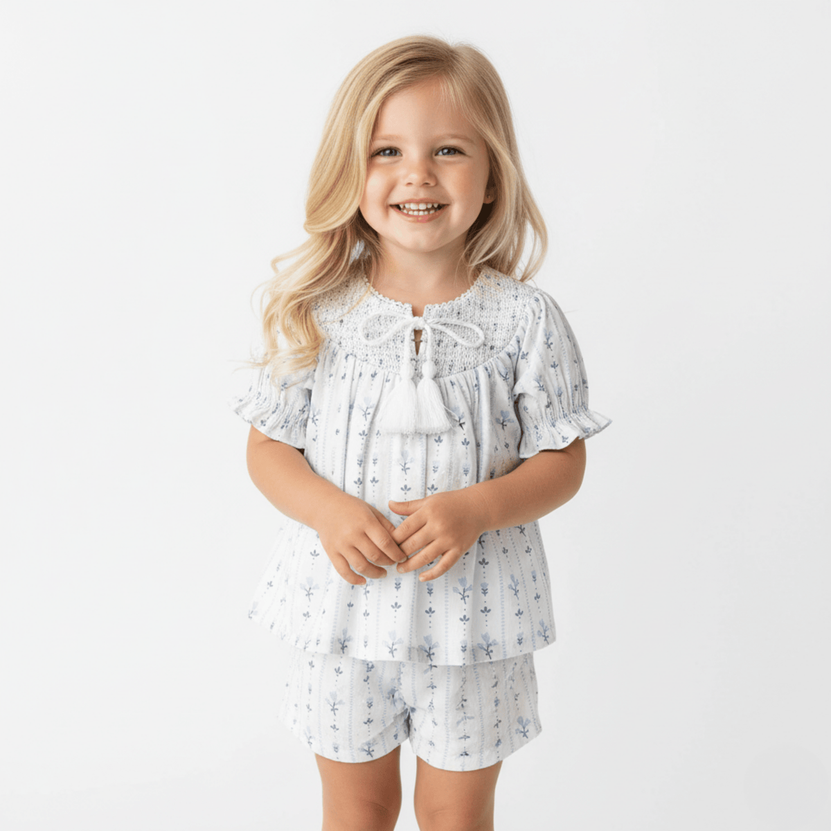 Makemake Organics Makemake Organics Smocked Top And Shorts Set Organic Cotton Dobby Weave For Toddlers