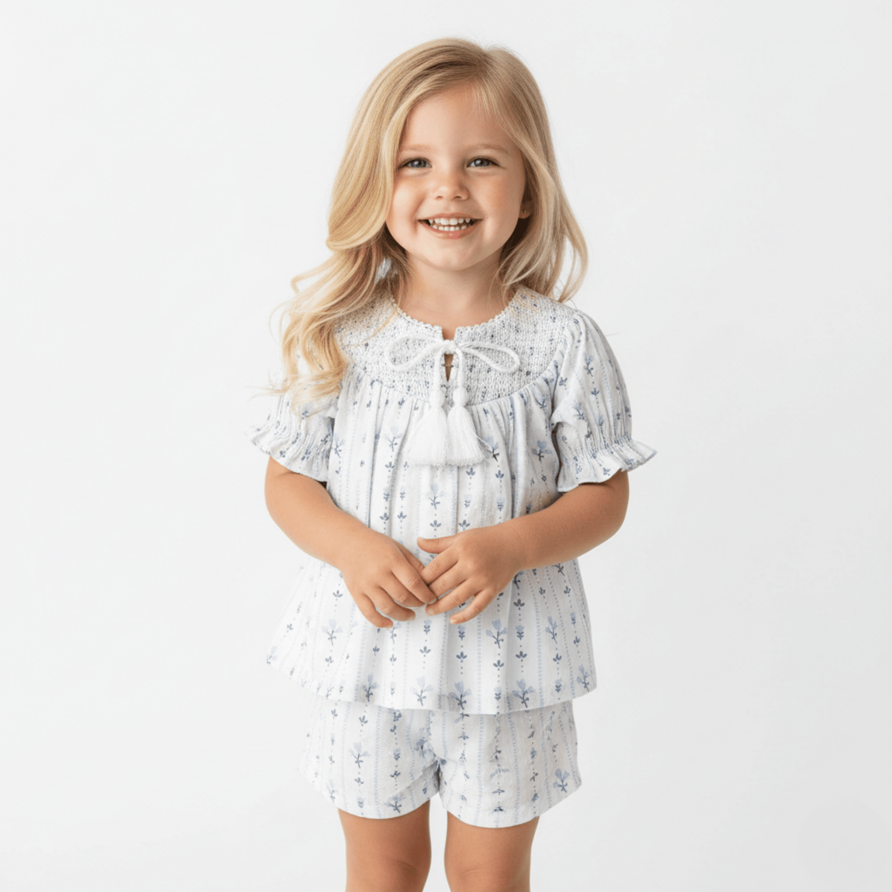 Makemake Organics Makemake Organics Smocked Top And Shorts Set Organic Cotton Dobby Weave For Toddlers