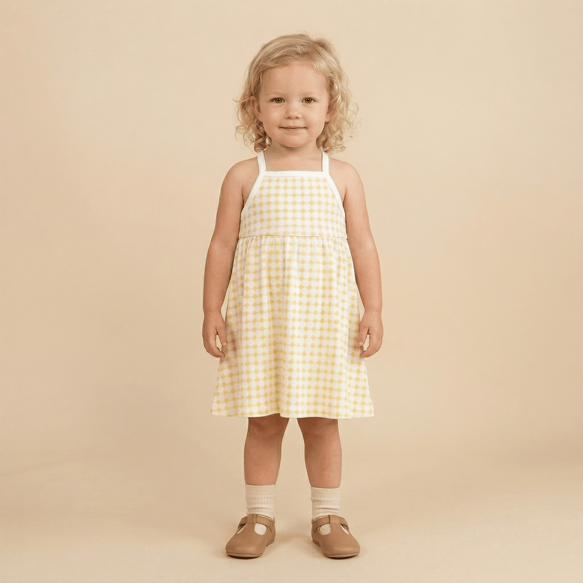 Organic Tie-Back Strap Dress - Dotty Gingham - Baby & Toddler Clothing, One-piece garment, Day Dress, Child, Blond | Everetts Place